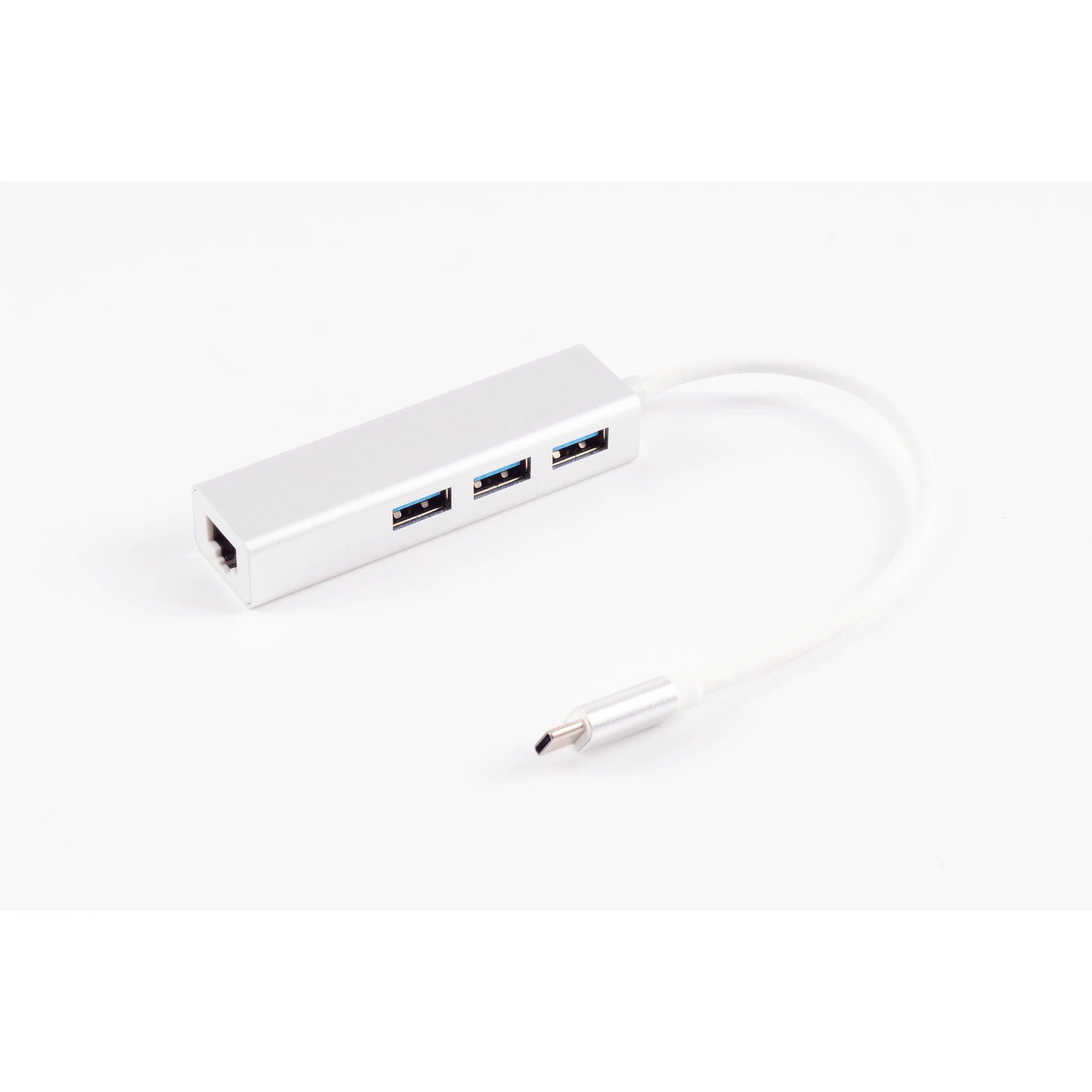 Silberner USB-Hub mit drei USB-Anschlüssen und einem USB-C-Anschluss.