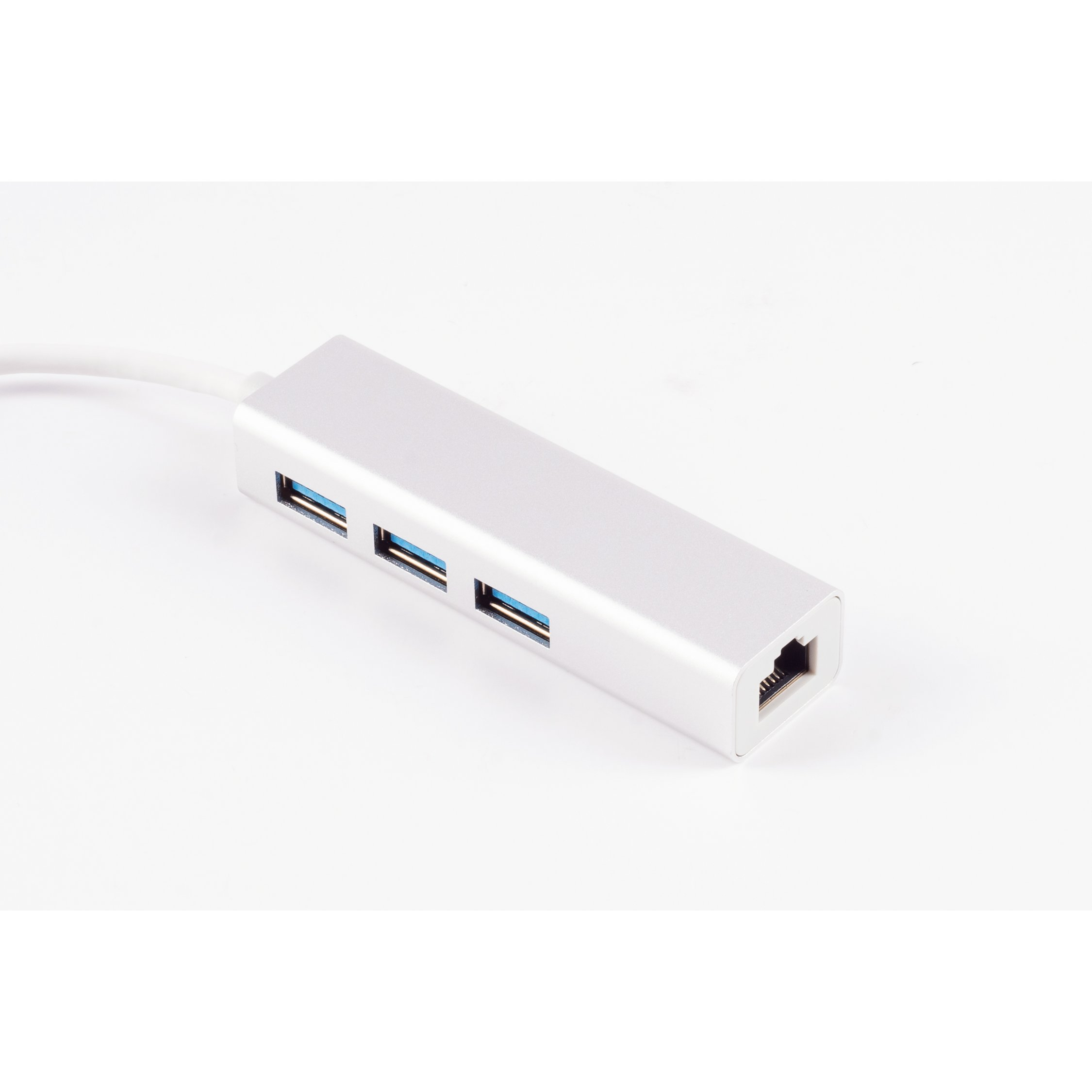 Silberner USB-Hub mit drei USB-Anschlüssen und einem Ethernet-Anschluss auf weißem Grund.