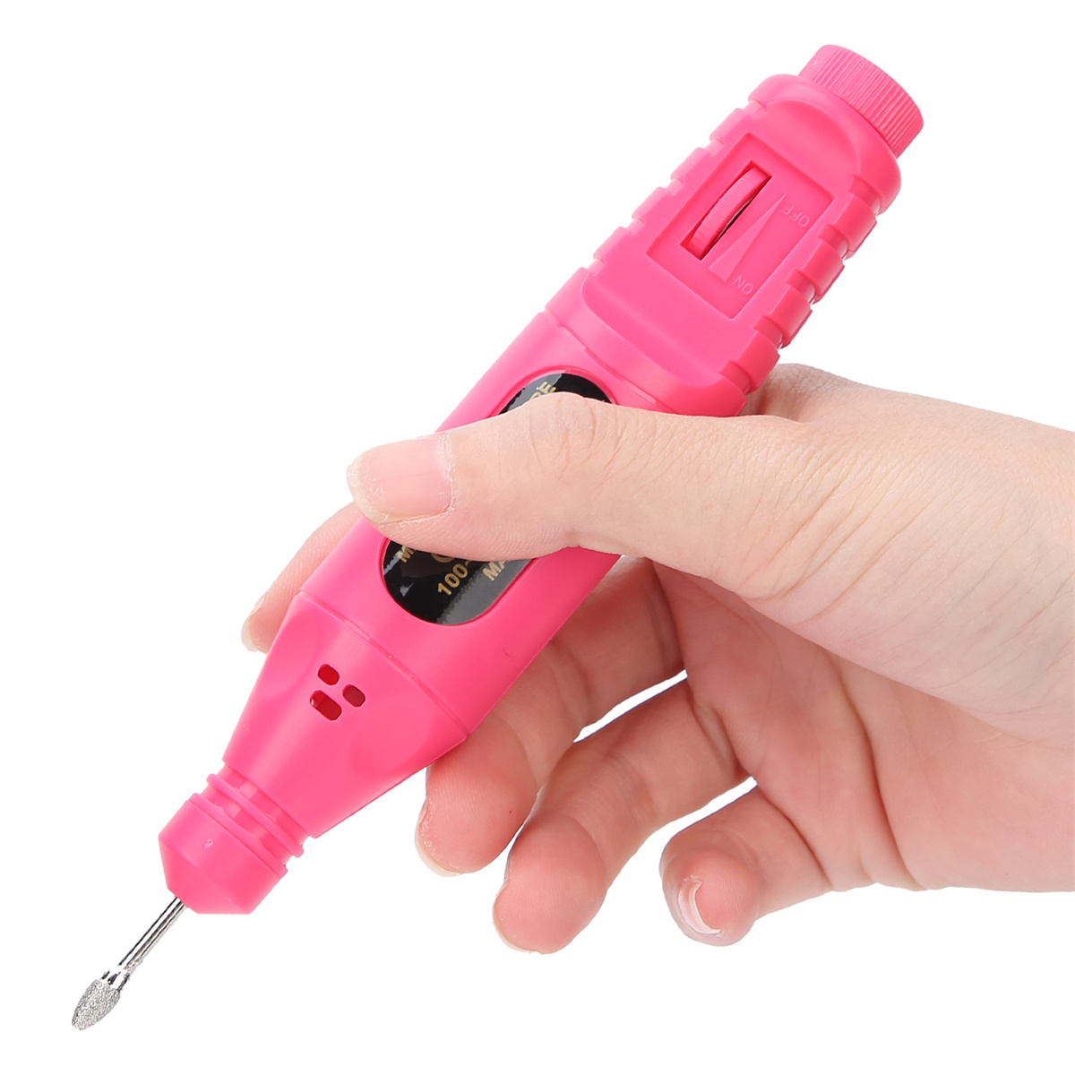 Ein rosa Nagelbohrwerkzeug. Eine Hand hält das Werkzeug und der Bohrer ist sichtbar.