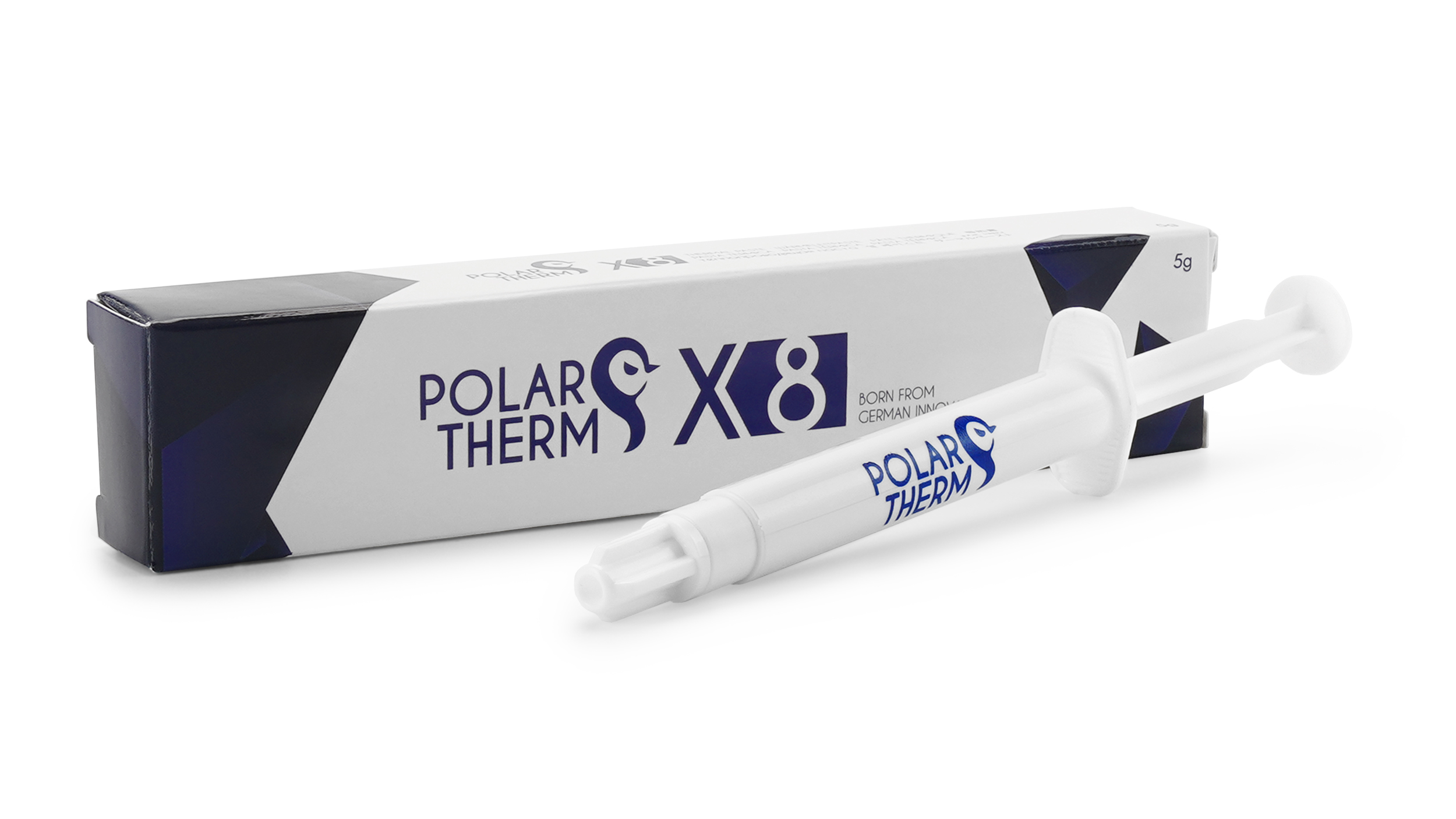 Weiße Tube Wärmeleitpaste Polar Therm X8 neben der Verpackung, auf weißer Oberfläche.