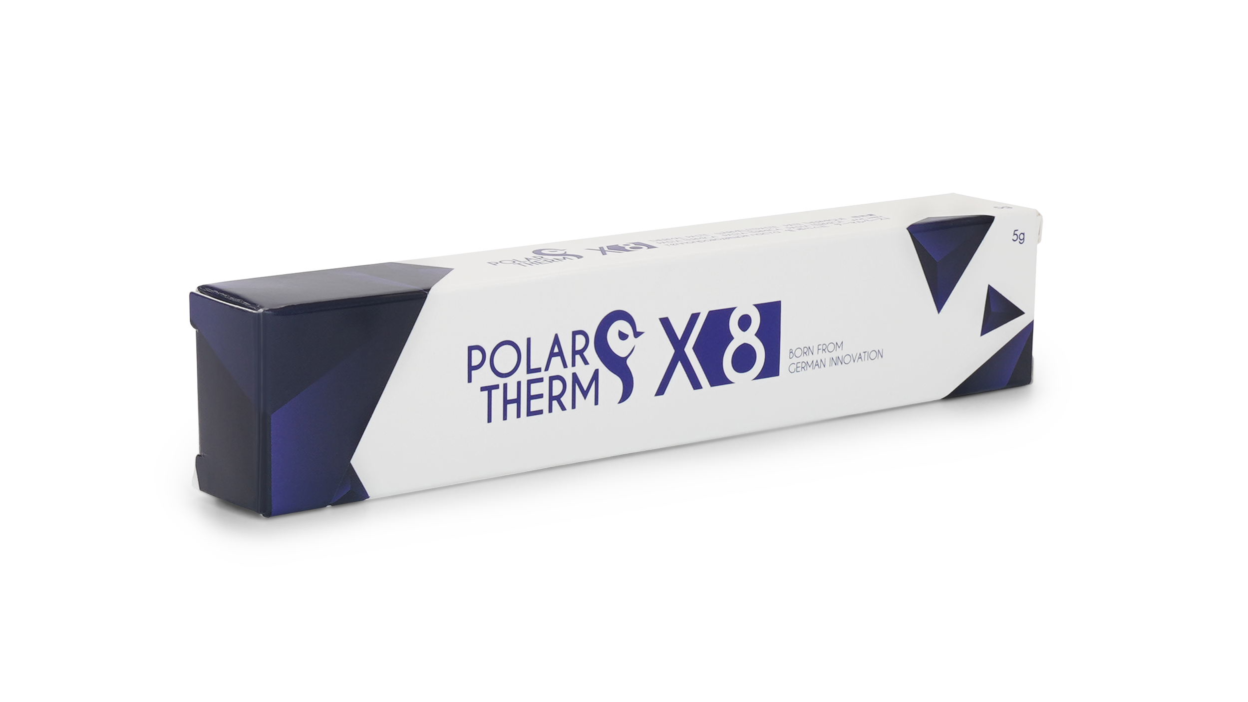 Weiße und blaue Box mit Polar Therm X8 Text, auf weißem Hintergrund.