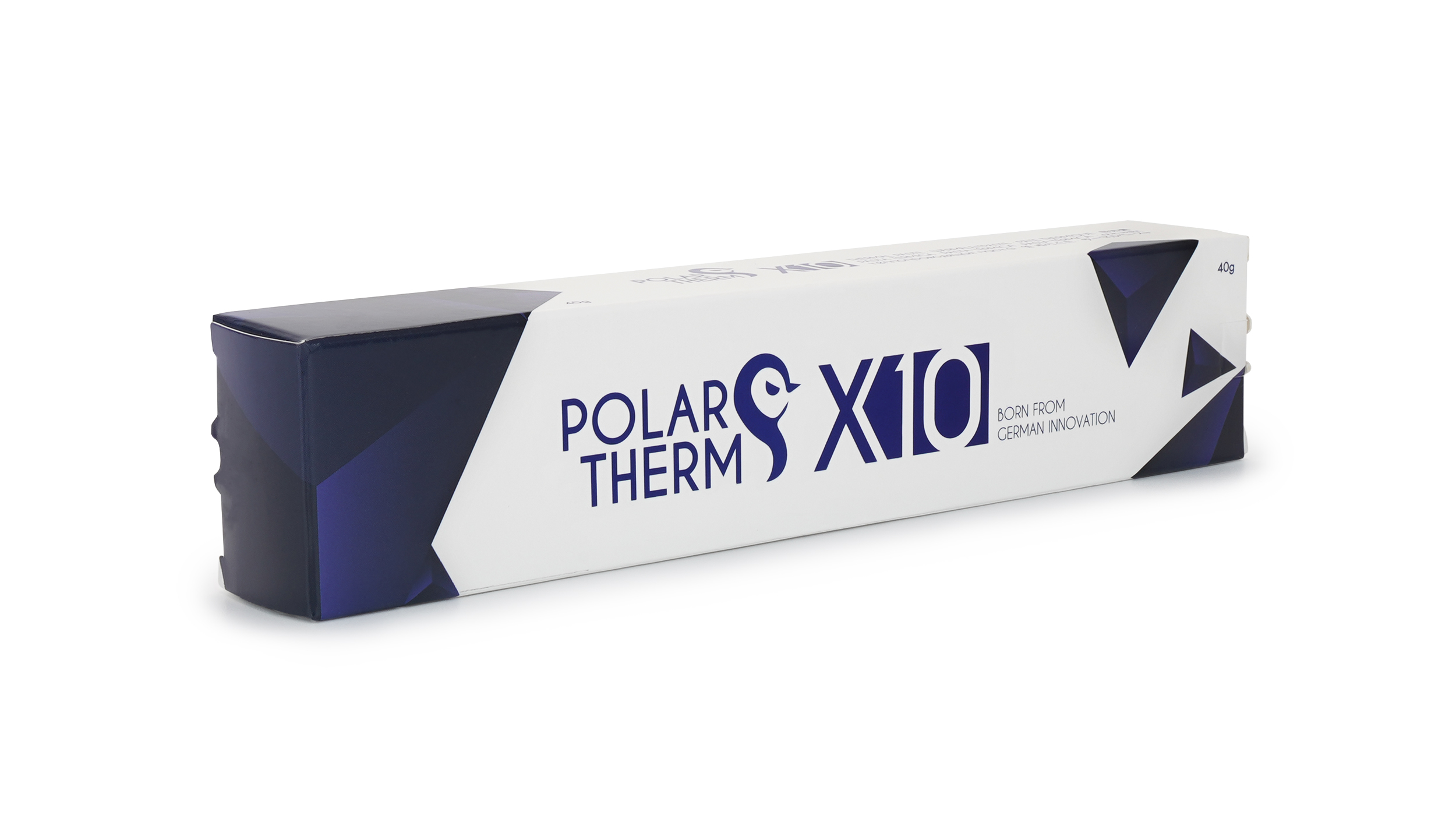 Weiße und blaue Schachtel mit 'POLAR THERM X10'. Die Schachtel steht auf weißem Hintergrund.