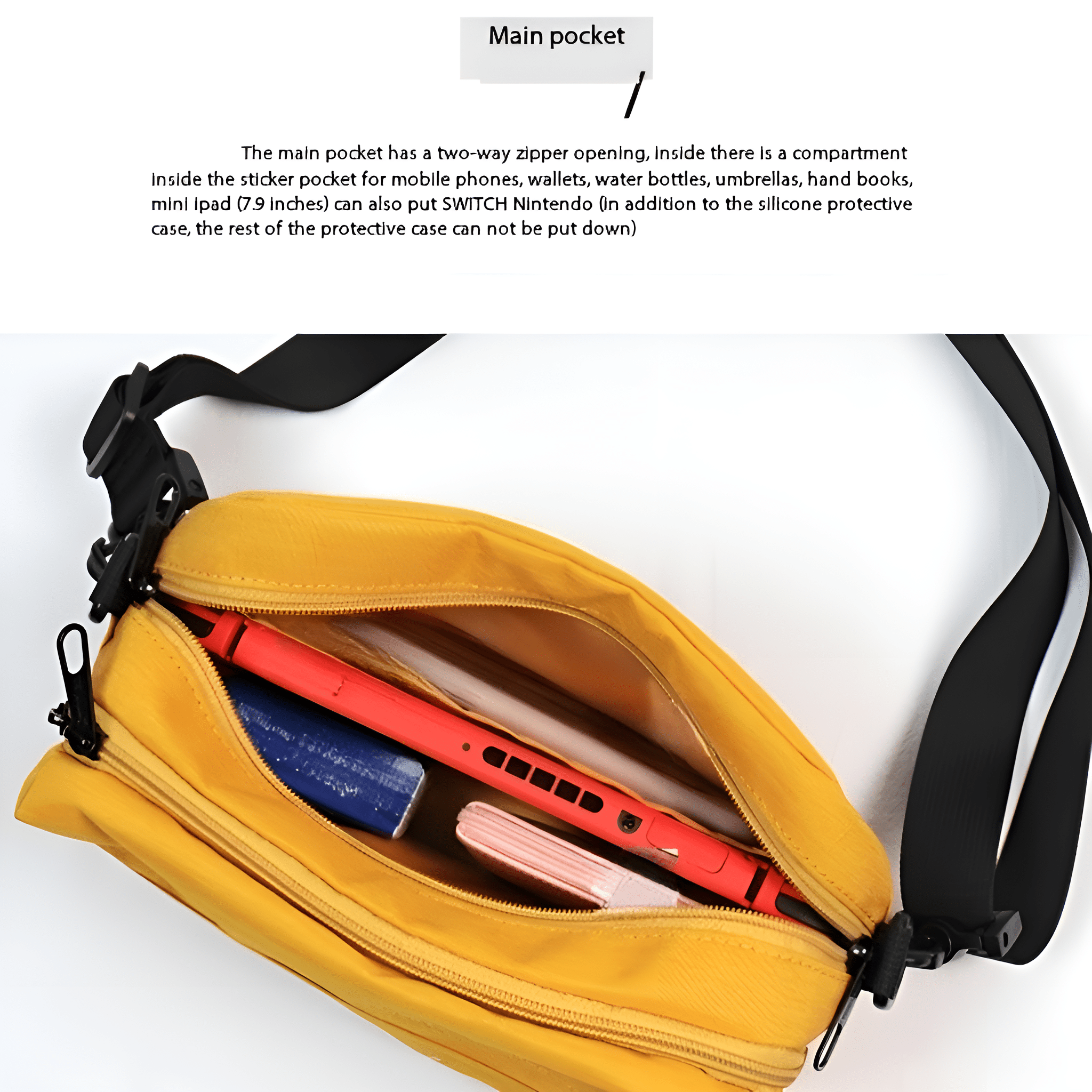 Gelbe Tasche, offen, mit Inhalt. Gelber Riemen. Weißer Hintergrund.
