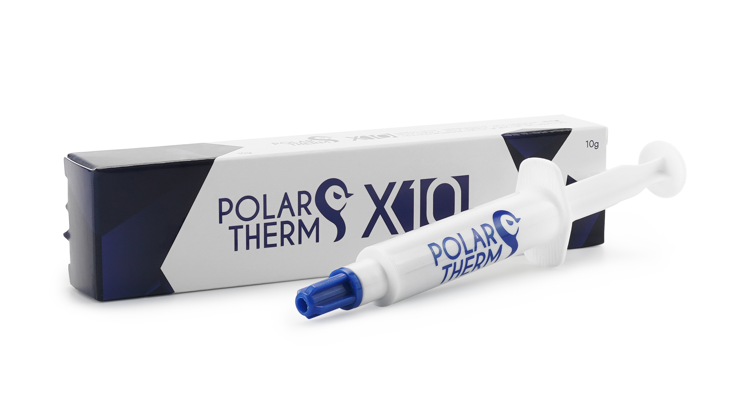 Tubo e scatola di pasta termica Polar Therm X10, schema di colori bianco e blu, su sfondo bianco.
