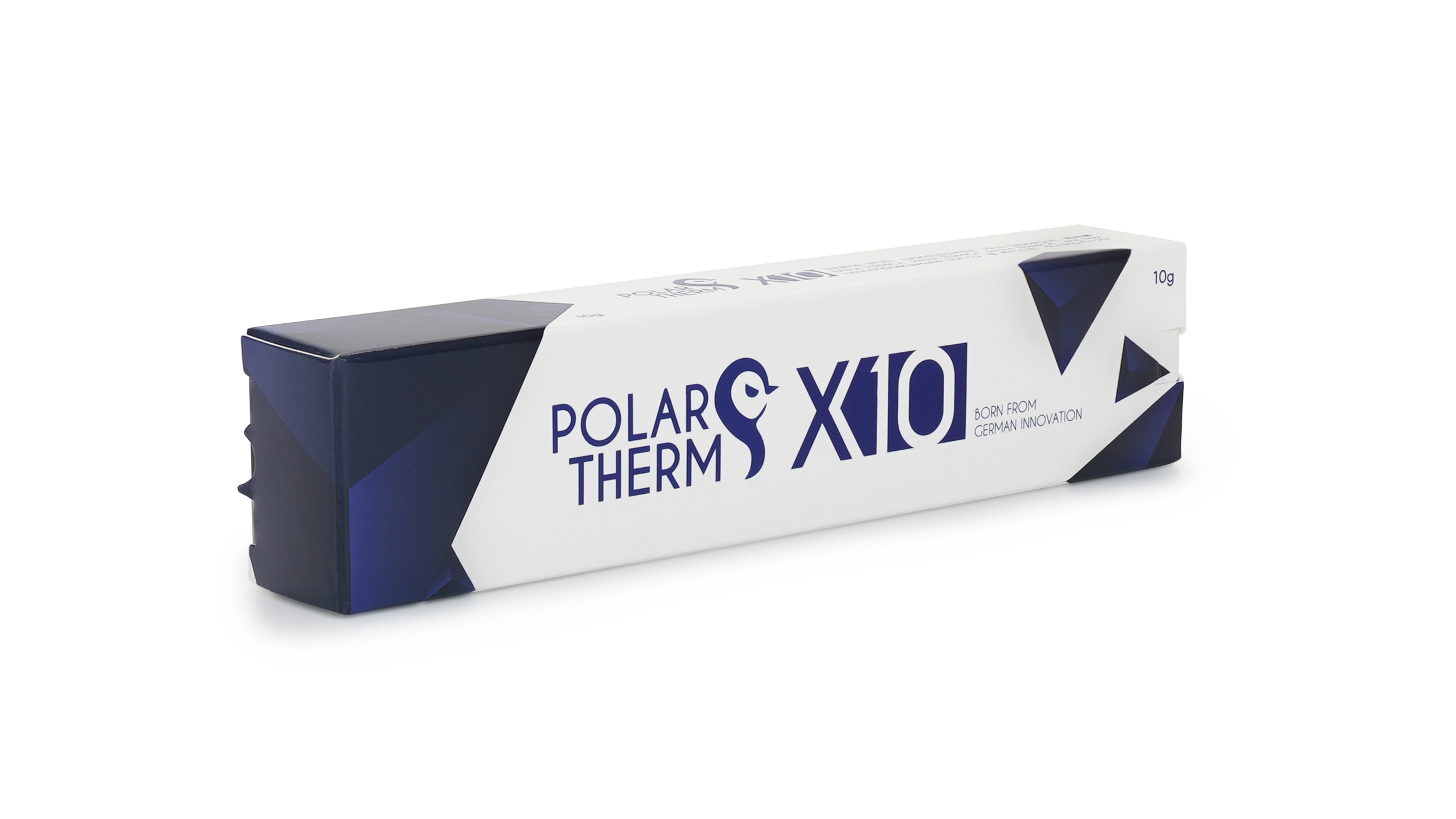 Scatola rettangolare bianca e blu con la scritta: POLAR THERM X10 su sfondo bianco.