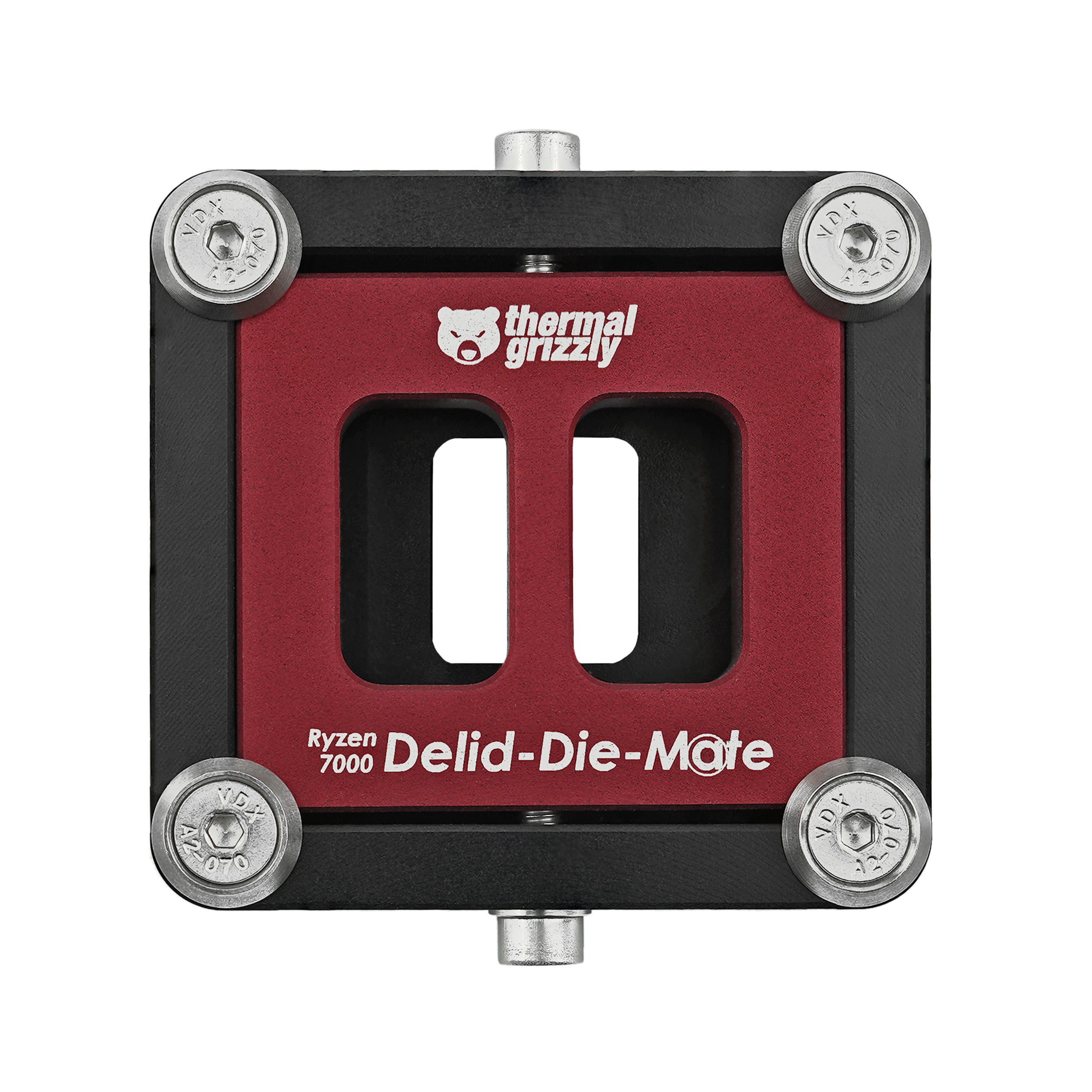 Schwarzer und roter CPU-Kühler mit Schrauben, beschriftet Ryzen 7000 Delid-Die-Mate.