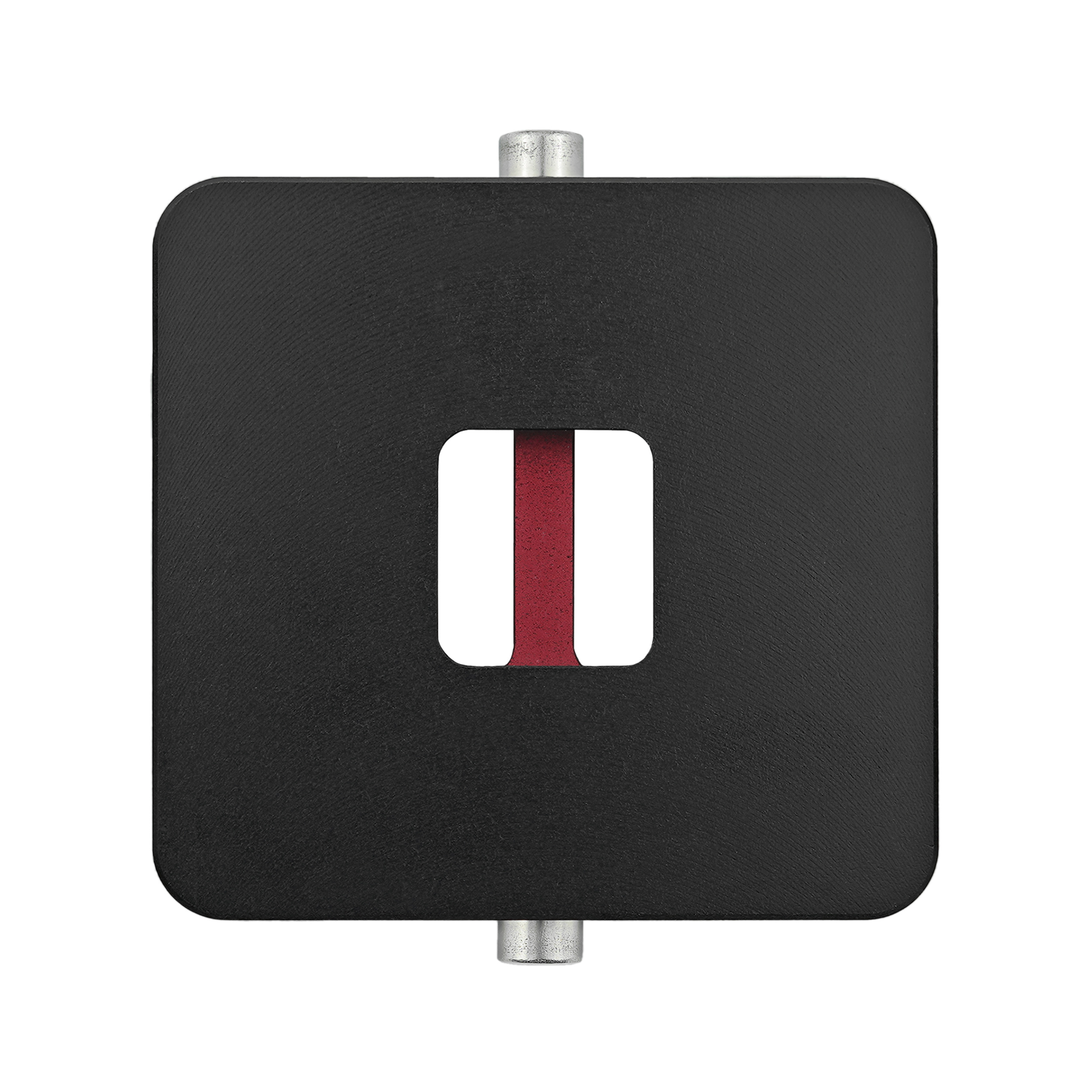 Schwarzes Quadrat mit rotem Rechteck in der Mitte, zwei silberne Stäbe an den Seiten.