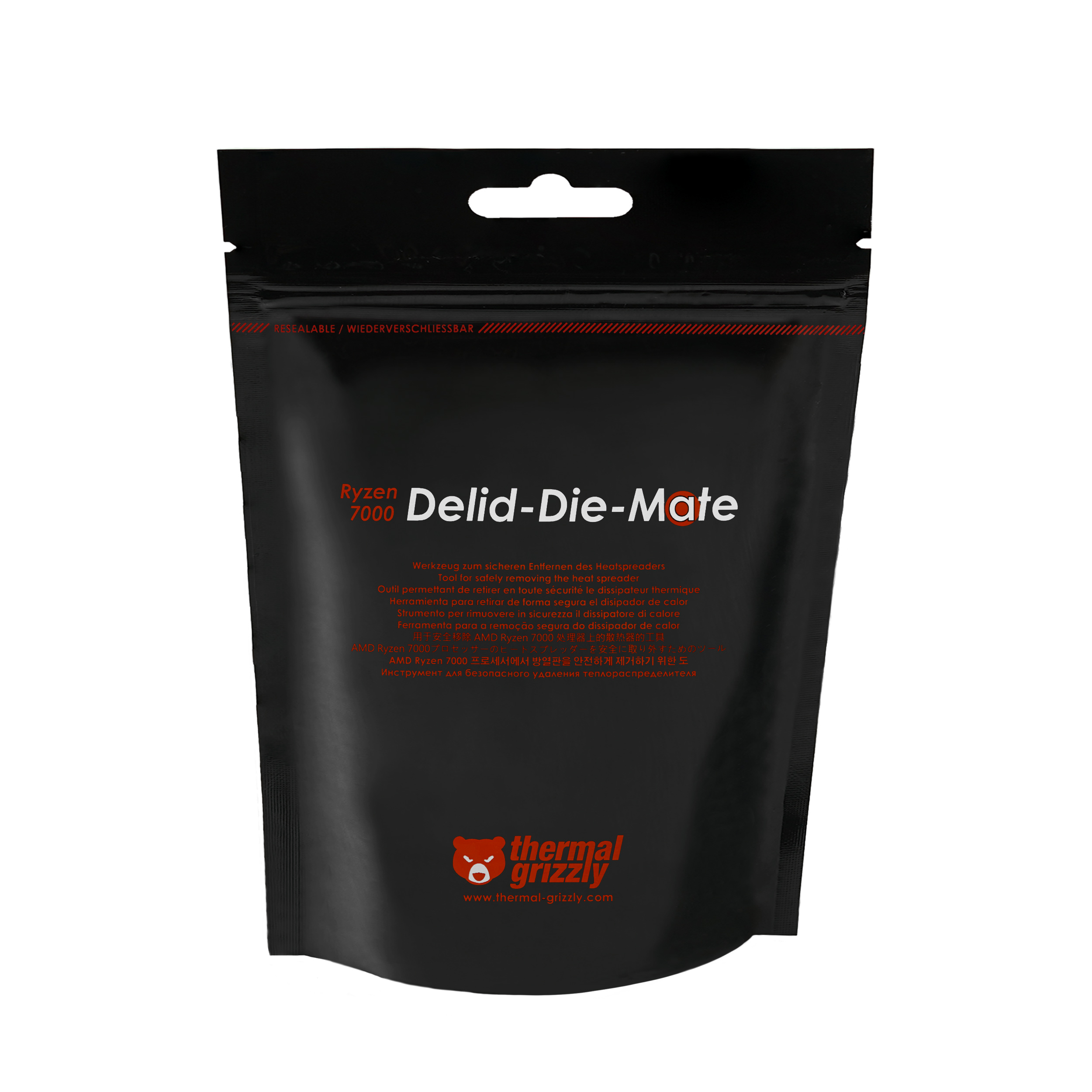 Schwarze Tasche mit weißem Text, liest Delid-Die-Mate und Thermal Grizzly-Logo.