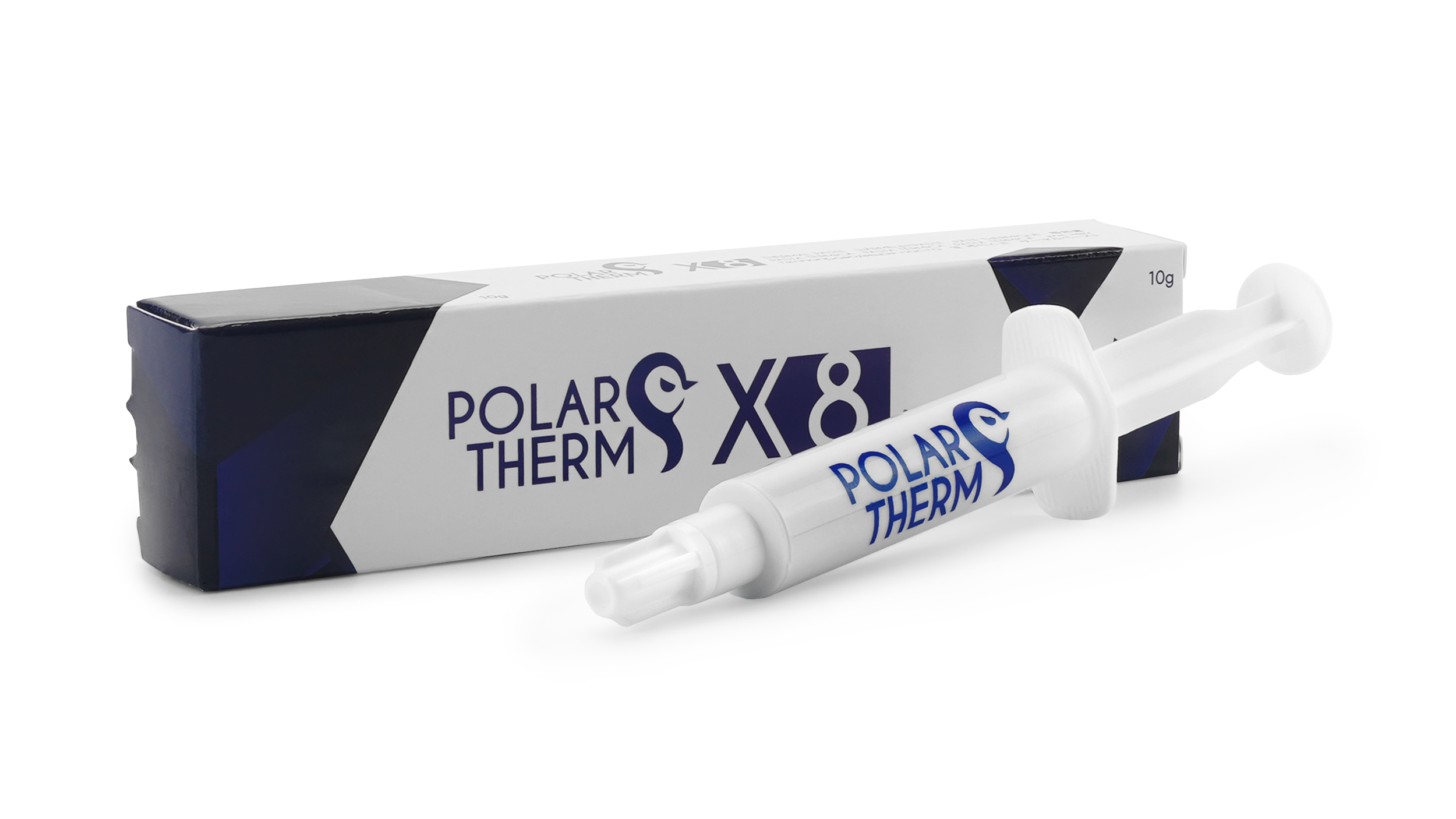 Tubo bianco di pasta termica e scatola con l'etichetta 'POLAR THERM X8'.