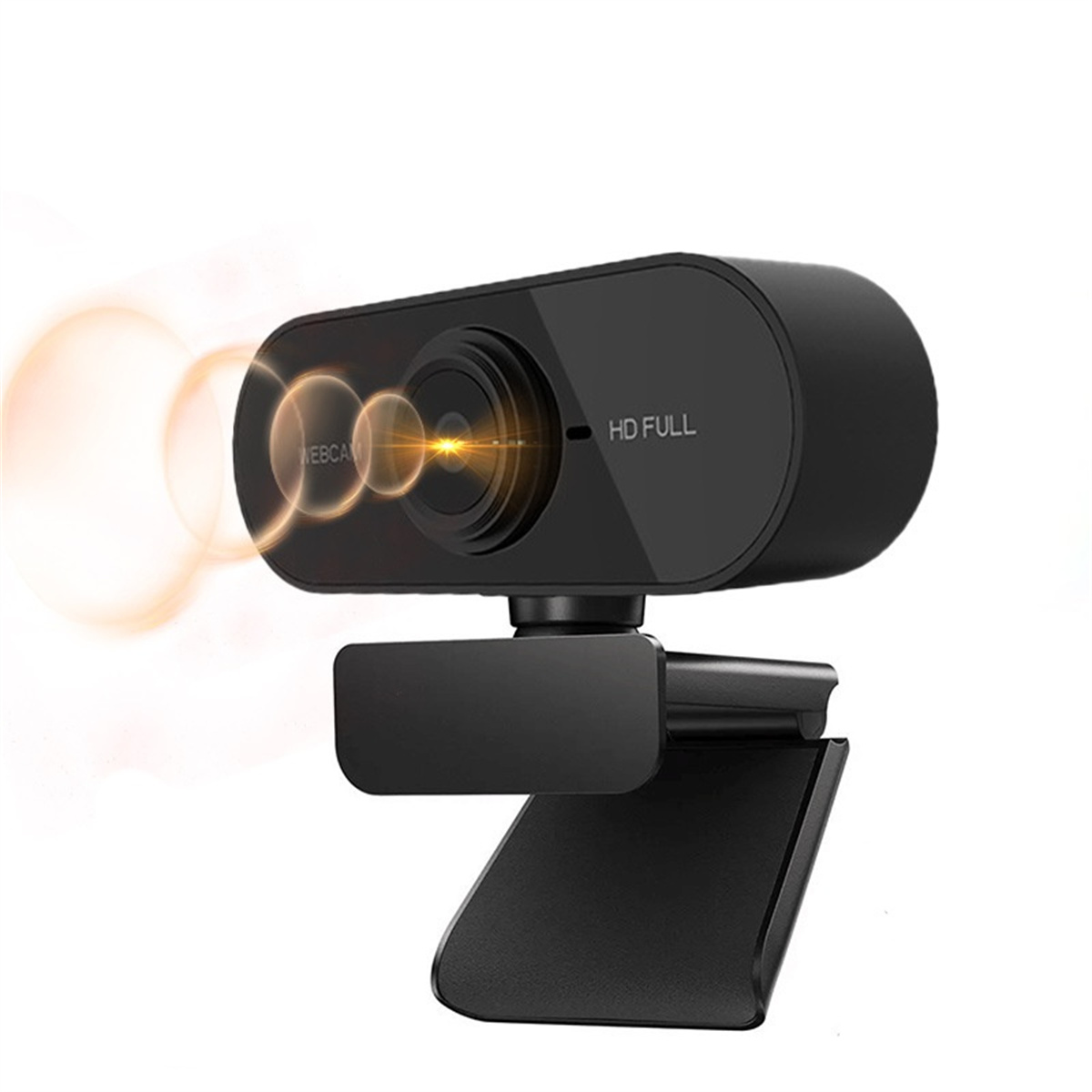 Schwarze Webcam mit 'HD FULL' Text. Hat einen Clip und ein Objektiv.