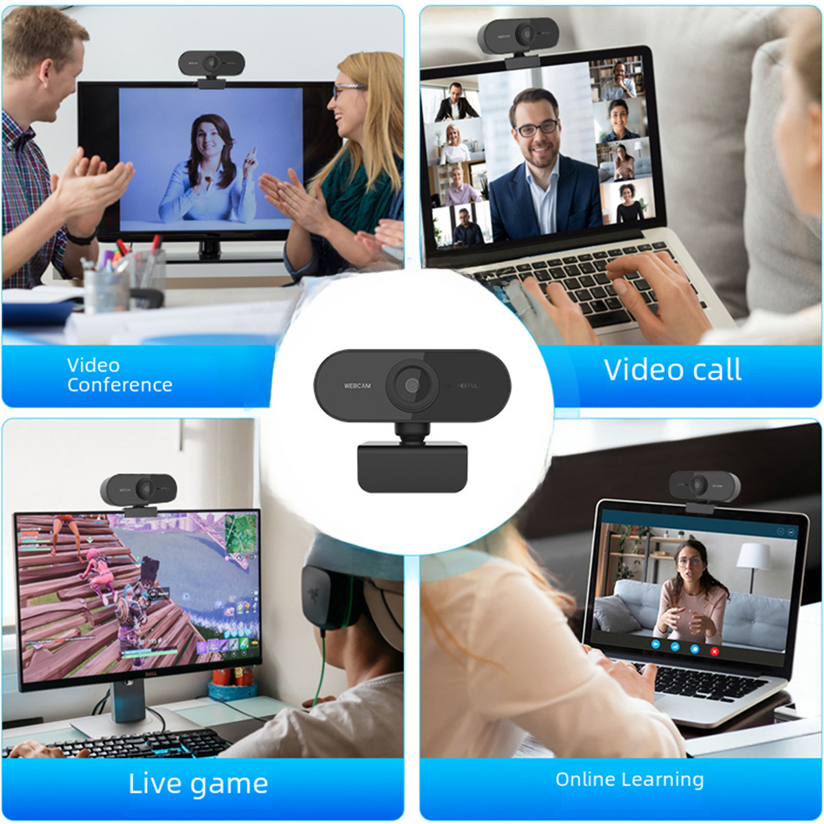 Vier Szenen der Webcam-Nutzung: Videokonferenz, Videoanruf, Live-Spiel und Online-Lernen.