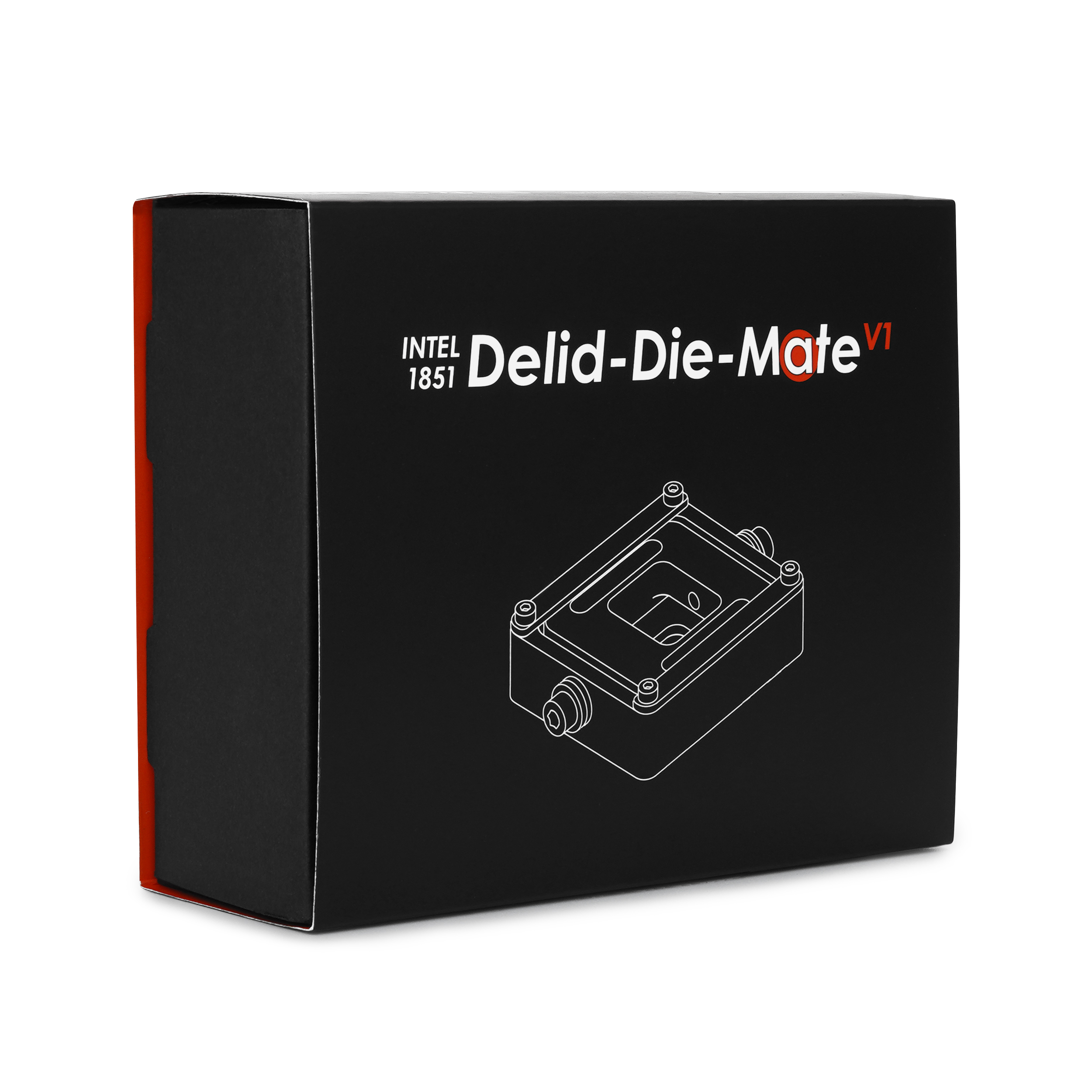 Schwarze Box mit der Aufschrift Intel Delid-Die-Mate V1. Ein Diagramm des Werkzeugs ist vorne.