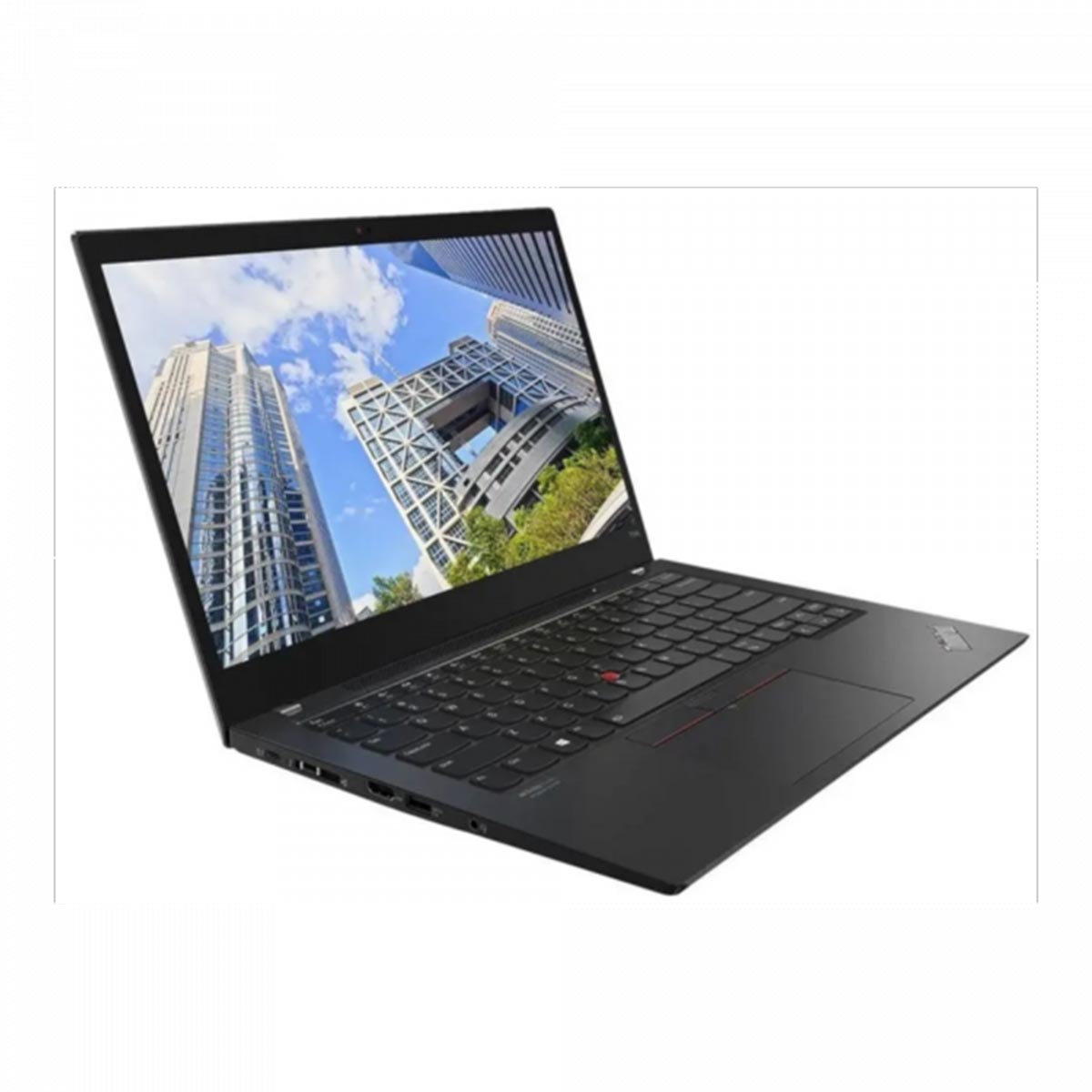 Czarny laptop wyświetlający widok miasta. Laptop jest otwarty, z klawiaturą i panelem dotykowym.