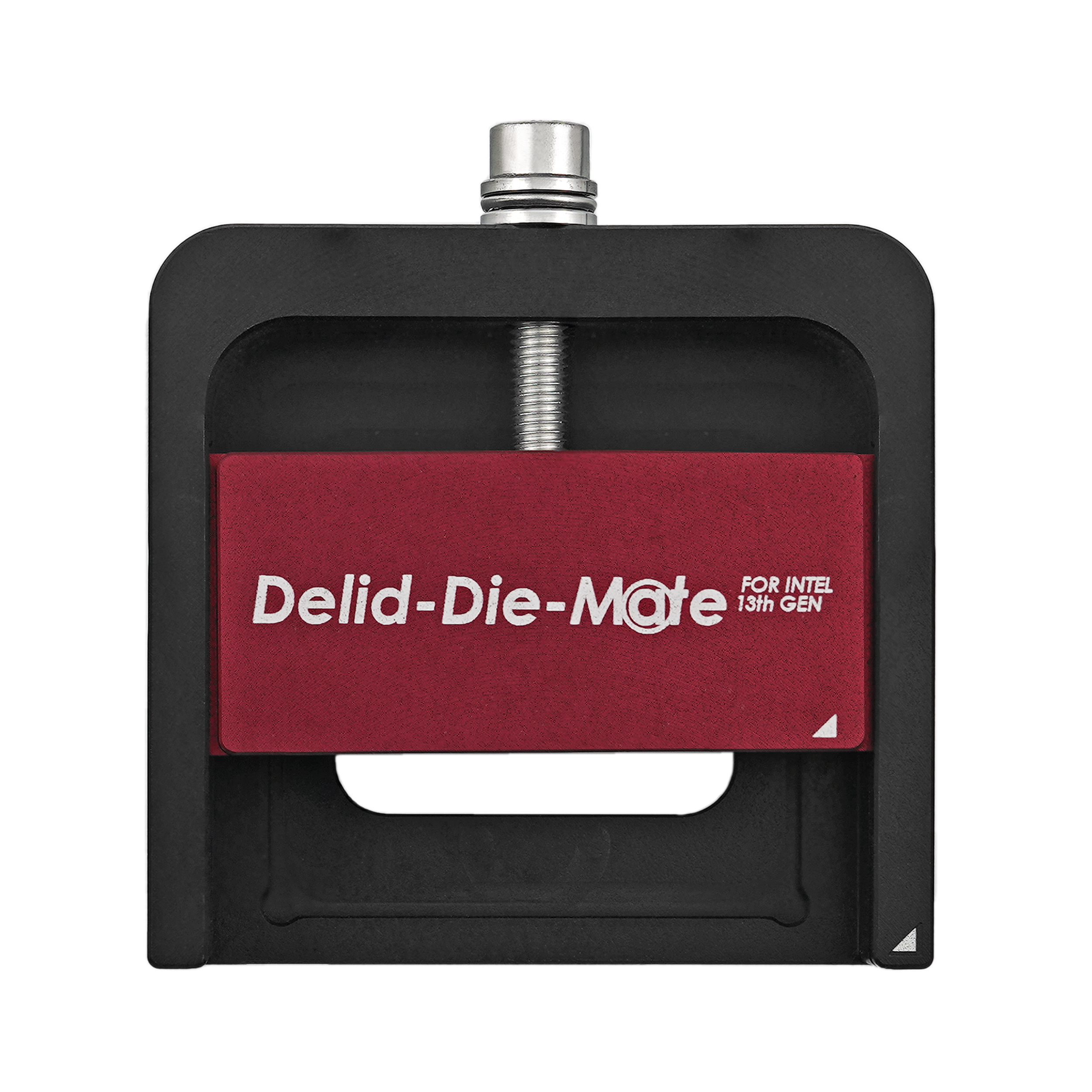 Schwarzes und rotes Delid-Die-Mate-Werkzeug für Intel 13th Gen CPUs mit rotem Mittelstück.