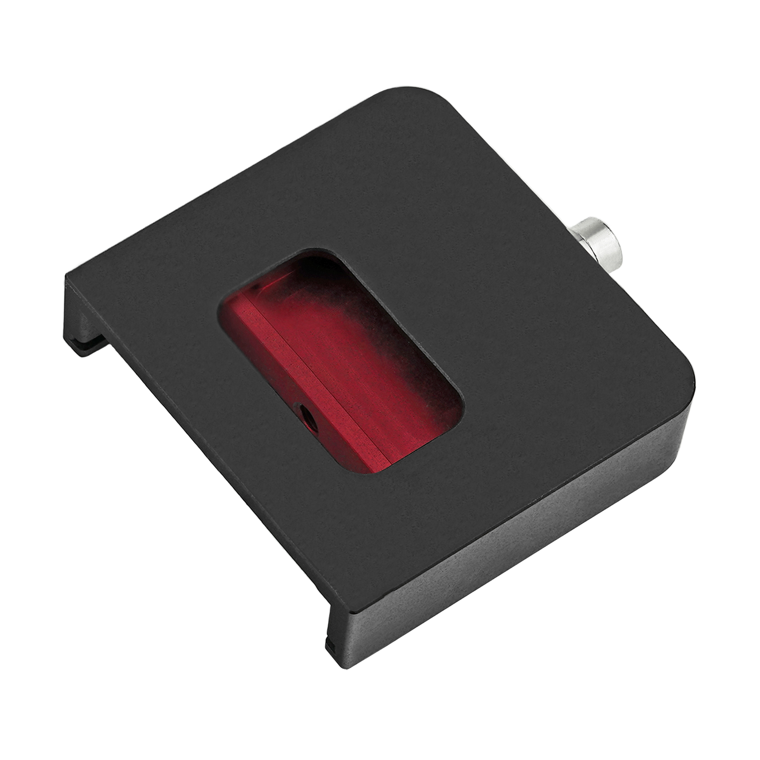 Schwarze Metallhalterung mit rotem Innenrechteck und einer Silberschraube.