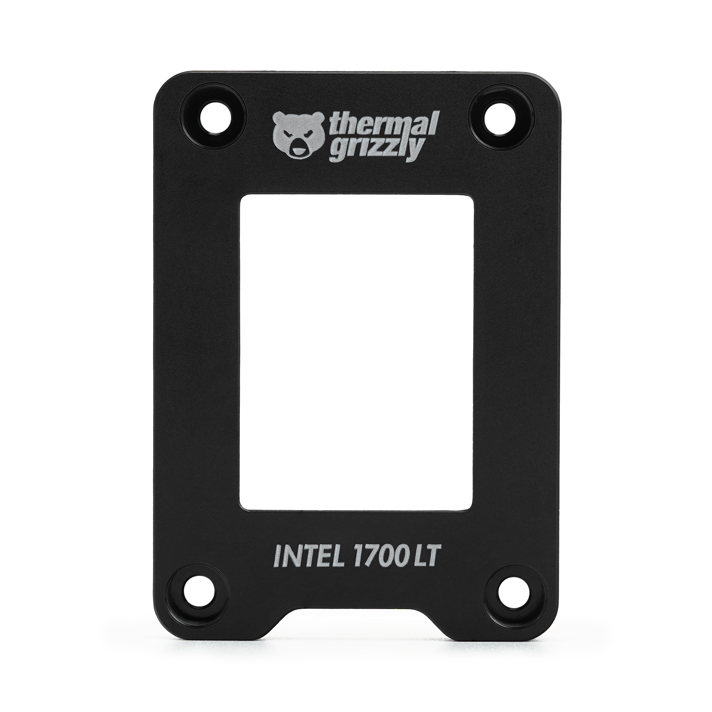 Schwarzer Metallrahmen mit quadratischem Ausschnitt, Text lautet 'thermal grizzly' und 'INTEL 1700 LT'.