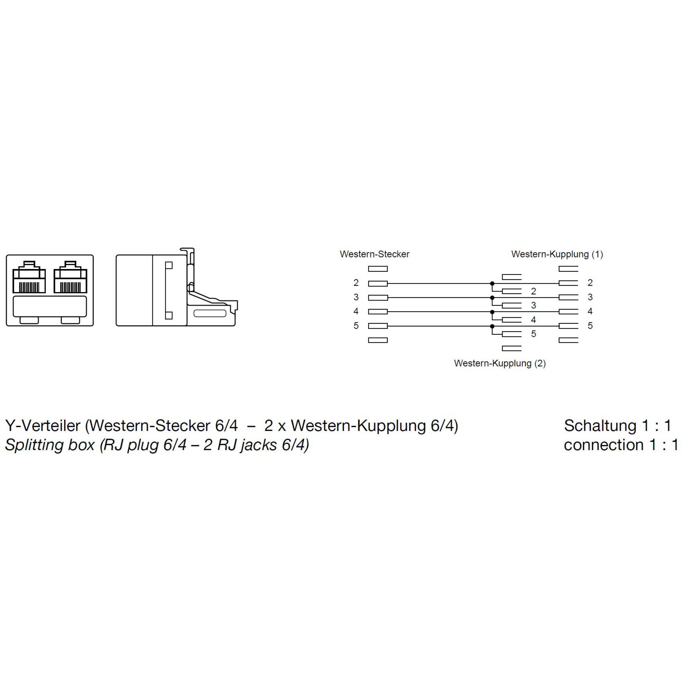 Diagramm einer Splitterbox mit RJ12-Stecker und -Buchsen sowie deren Verdrahtungsanschlüssen. Weißer Hintergrund.