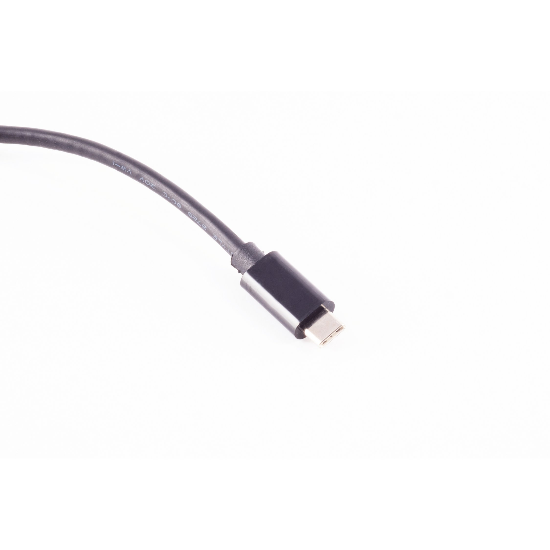 Eine Nahaufnahme eines USB-C-Kabelsteckers, isoliert vor einem weißen Hintergrund.