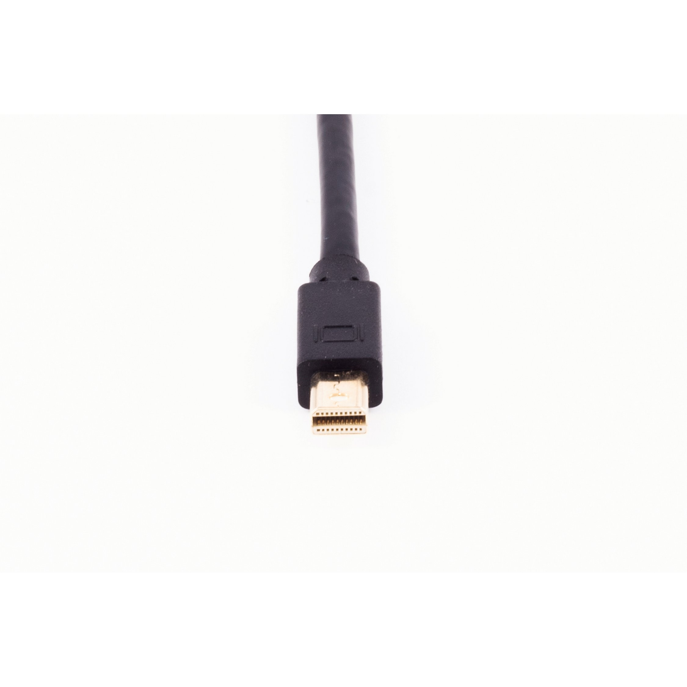 Ein schwarzer DisplayPort-Anschluss, abgewinkelt nach unten, auf weißem Hintergrund.