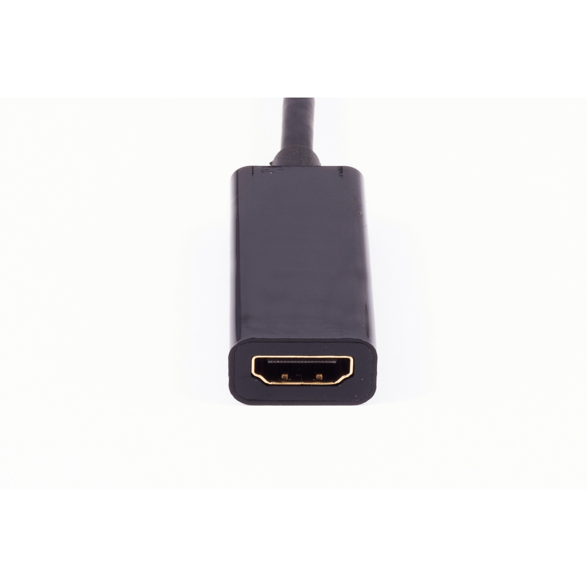 Schwarzer HDMI-Adapter mit Stecker unten, weißer Hintergrund.