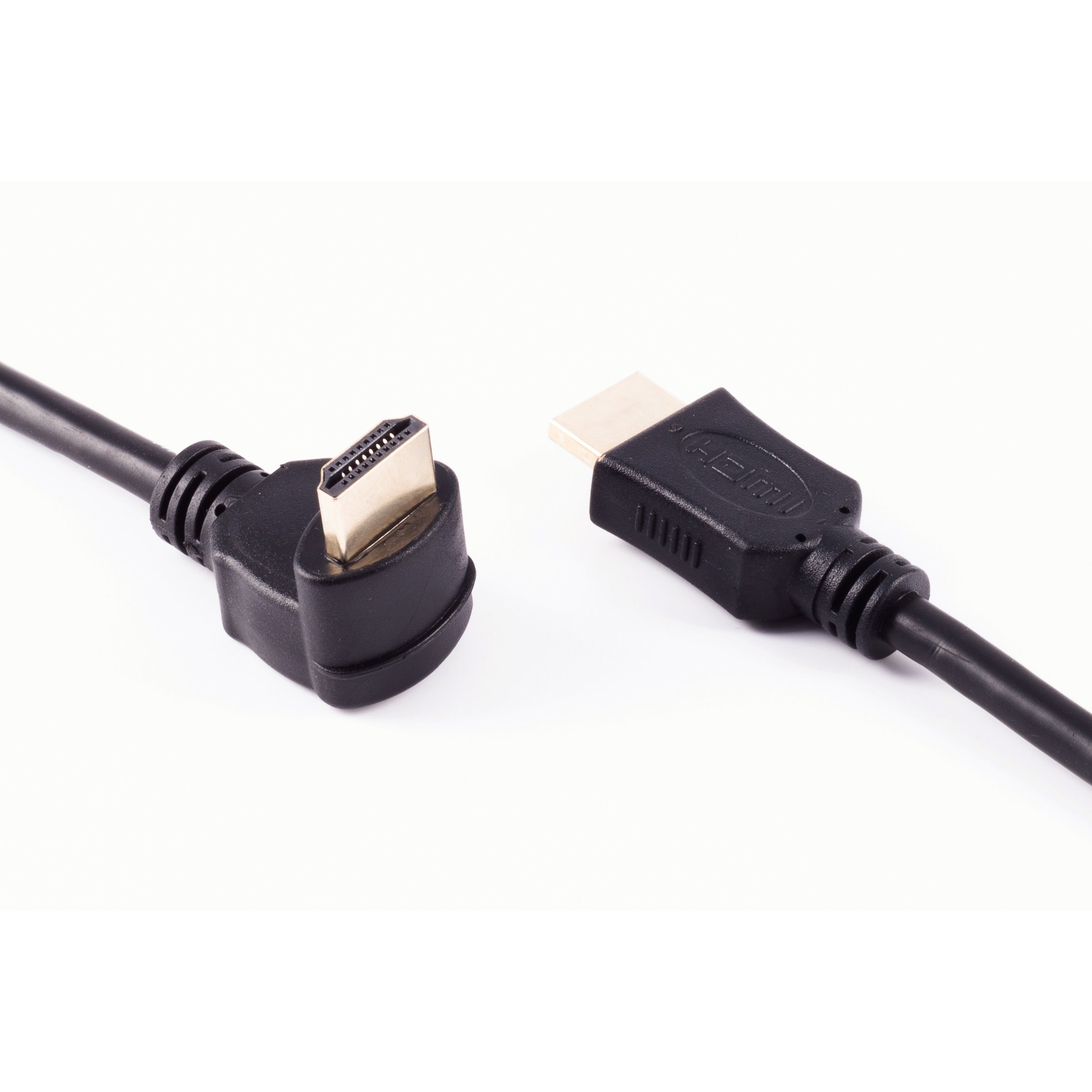 Schwarzes HDMI-Kabel mit abgewinkeltem Stecker auf weißem Hintergrund. Ein Stecker ist gold.