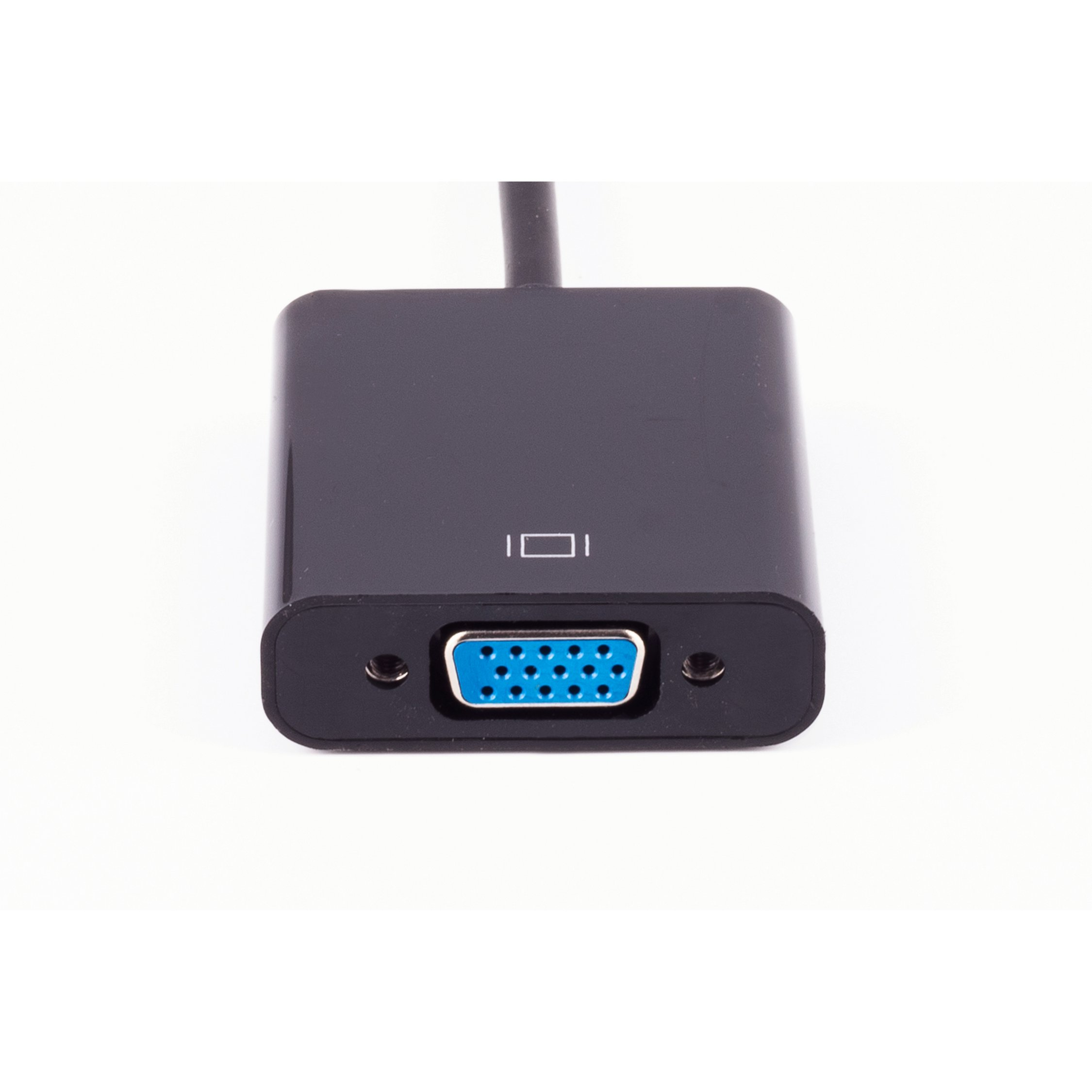 Schwarzer VGA-Adapter mit blauem Stecker und schwarzem Kabel. Weißer Hintergrund.