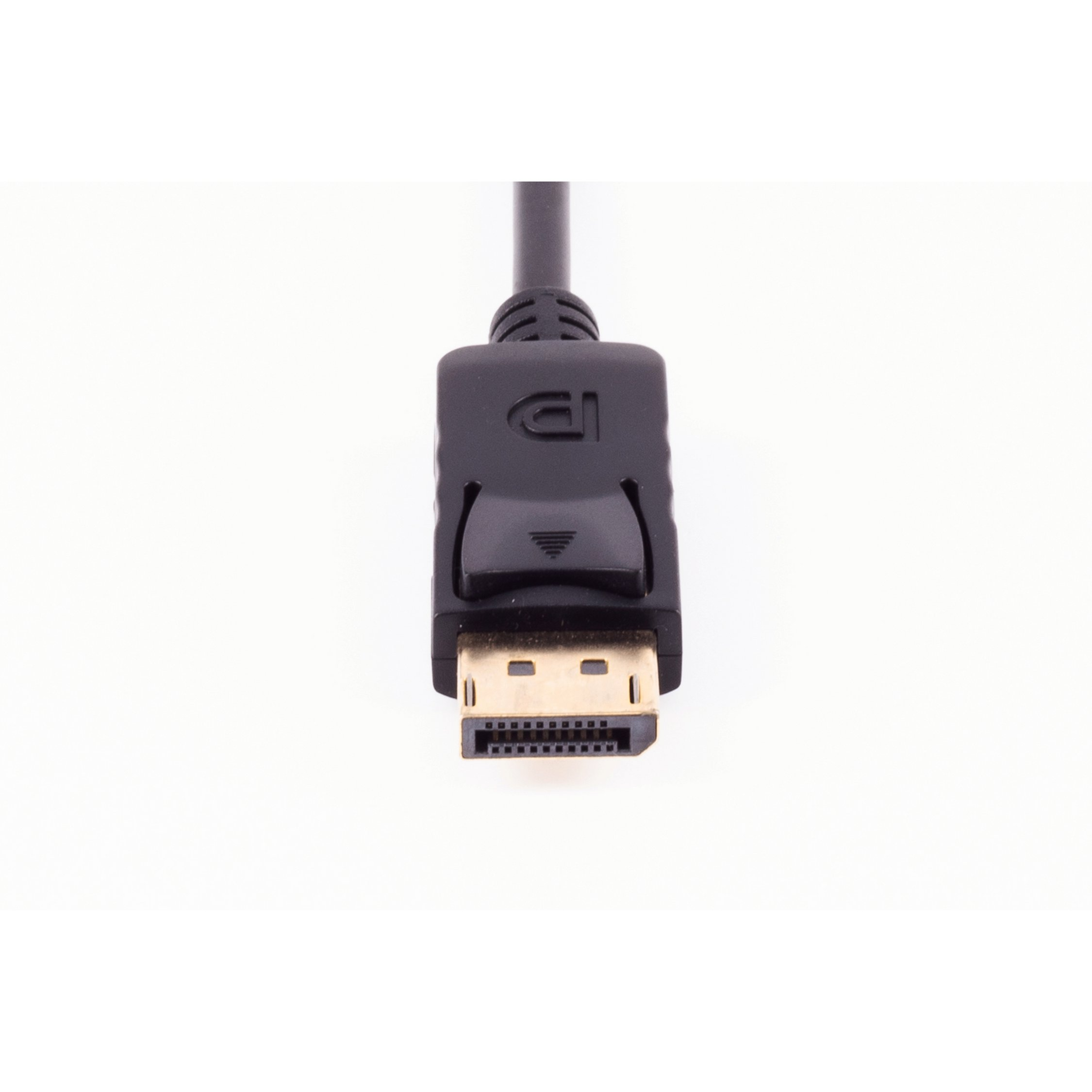 Nahaufnahme eines schwarzen DisplayPort-Anschlusses auf weißem Hintergrund.