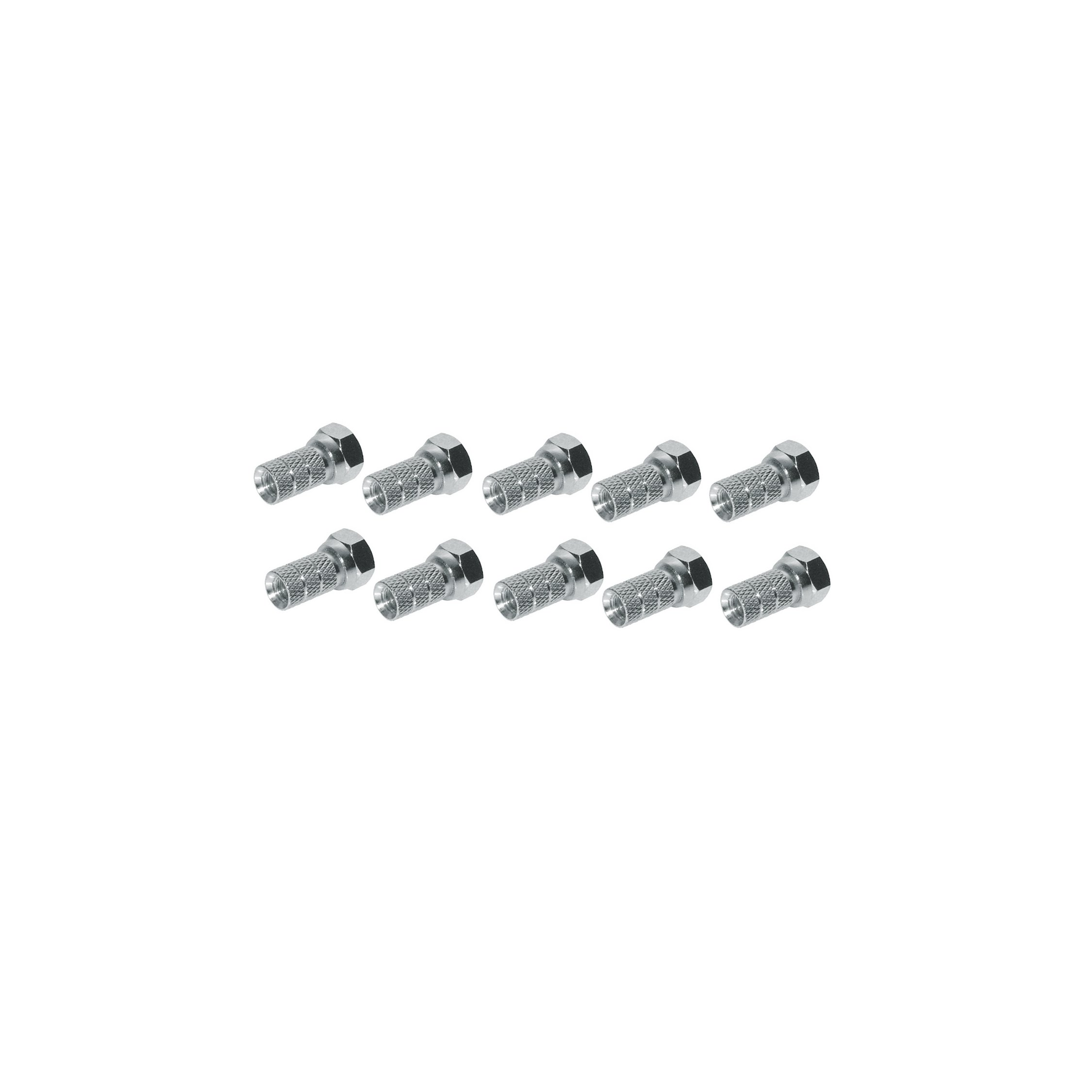 Zehn silberne F-Stecker in einer horizontalen Linie angeordnet, nach oben gerichtet.
