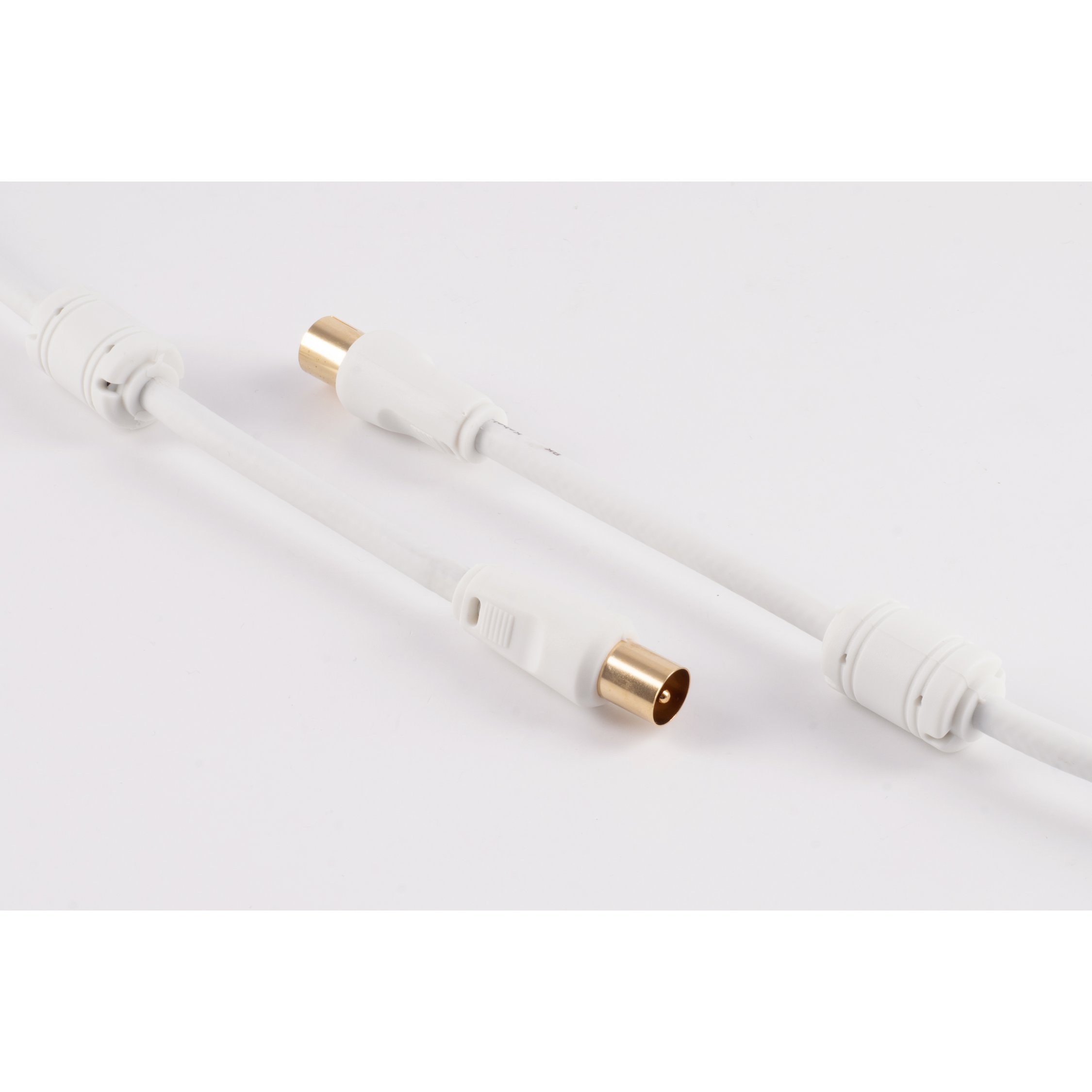 Weißes und goldenes Kabel mit zwei Anschlüssen.