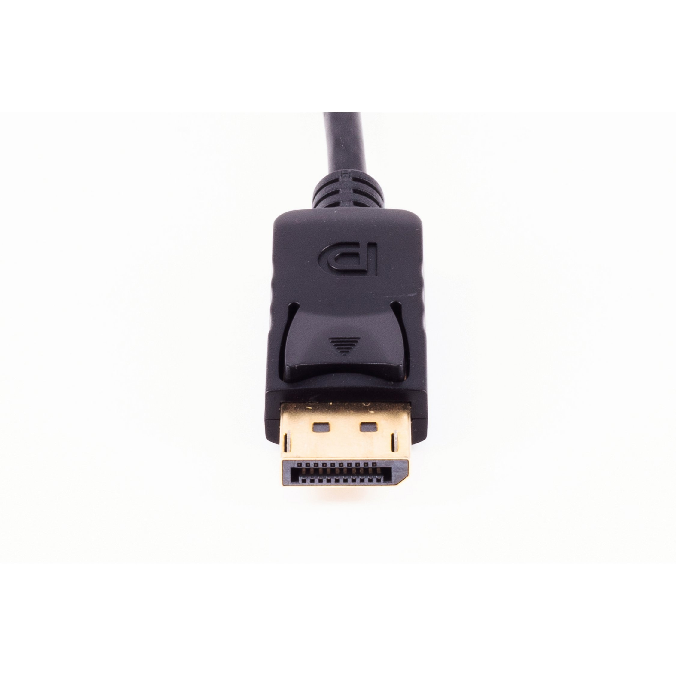 Schwarzer DisplayPort-Kabelstecker auf weißem Hintergrund.