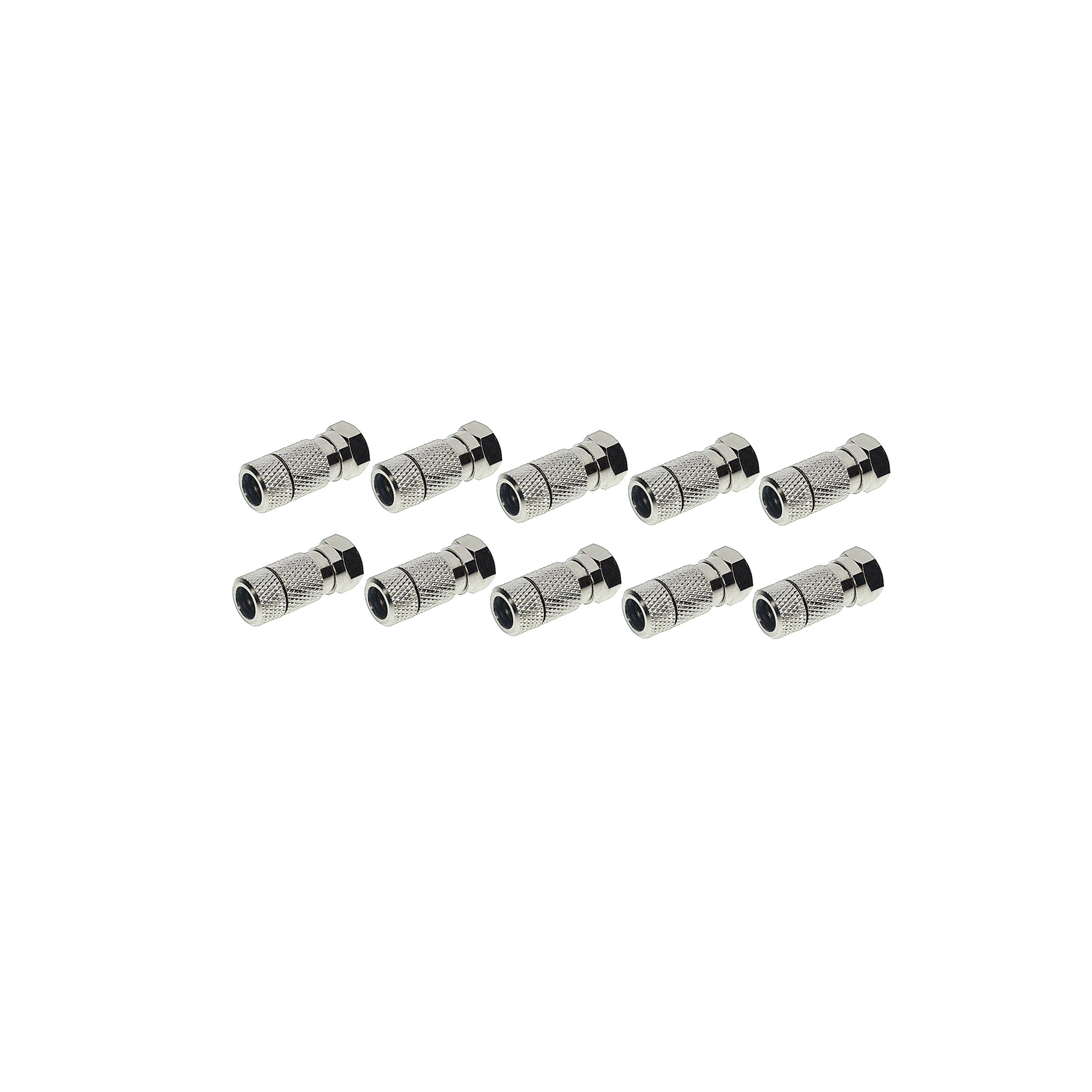 Zehn silberne F-Stecker auf weißem Hintergrund angeordnet, isolierte Ansicht.