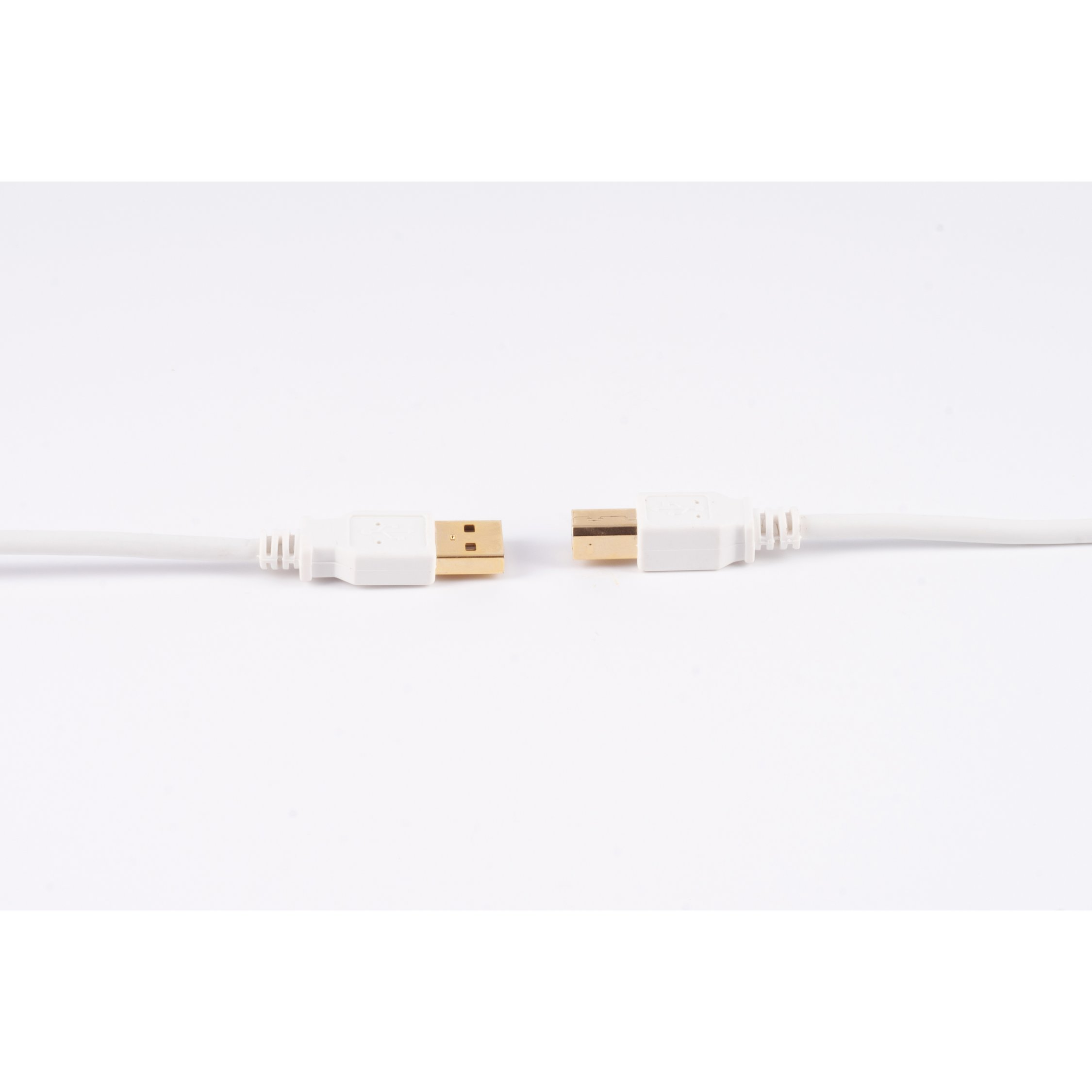 Weißes USB-Kabel mit Anschlüssen an beiden Enden, auf weißem Hintergrund.
