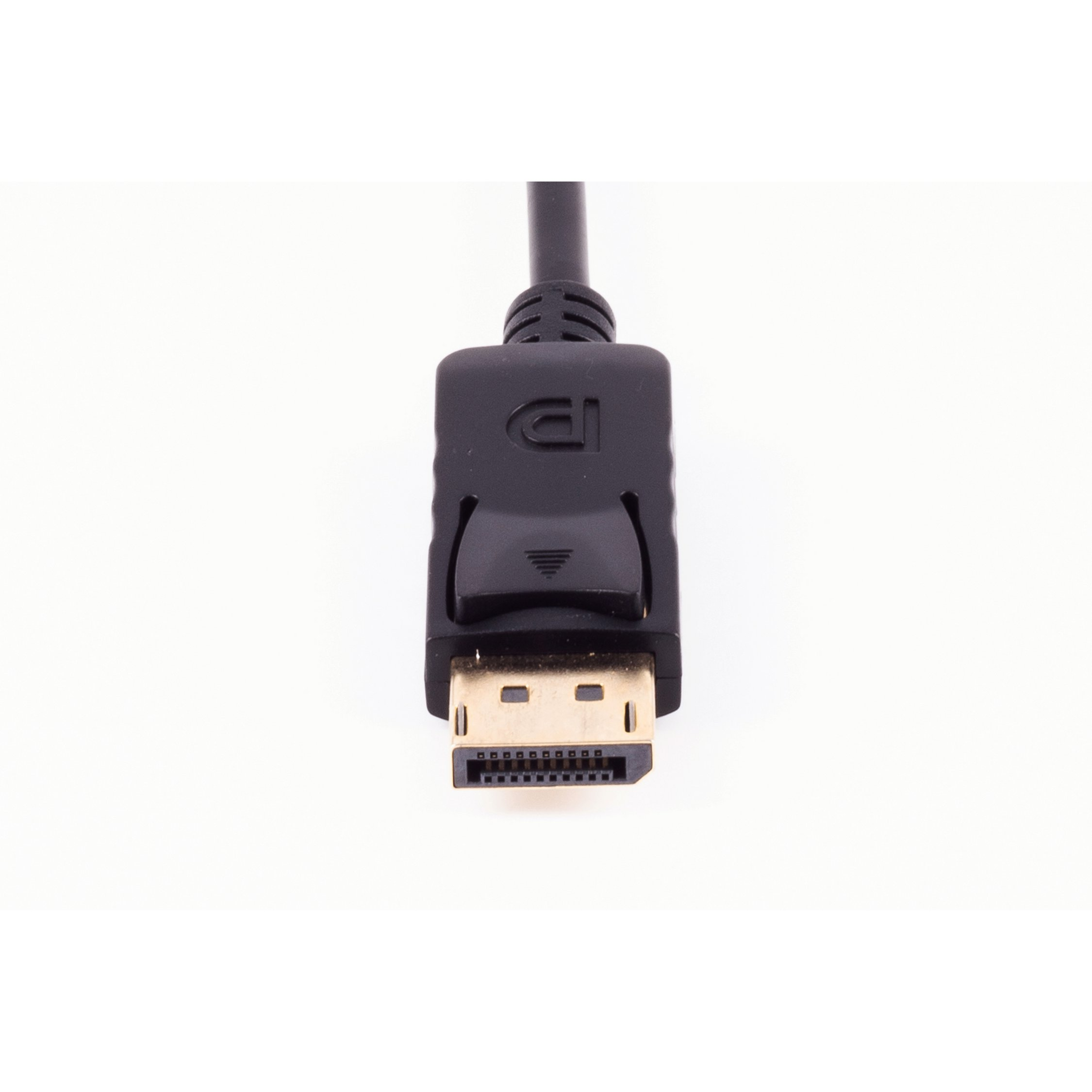 Nahaufnahme eines schwarzen DisplayPort-Anschlusses mit goldfarbenem Steckerende auf weißem Hintergrund.