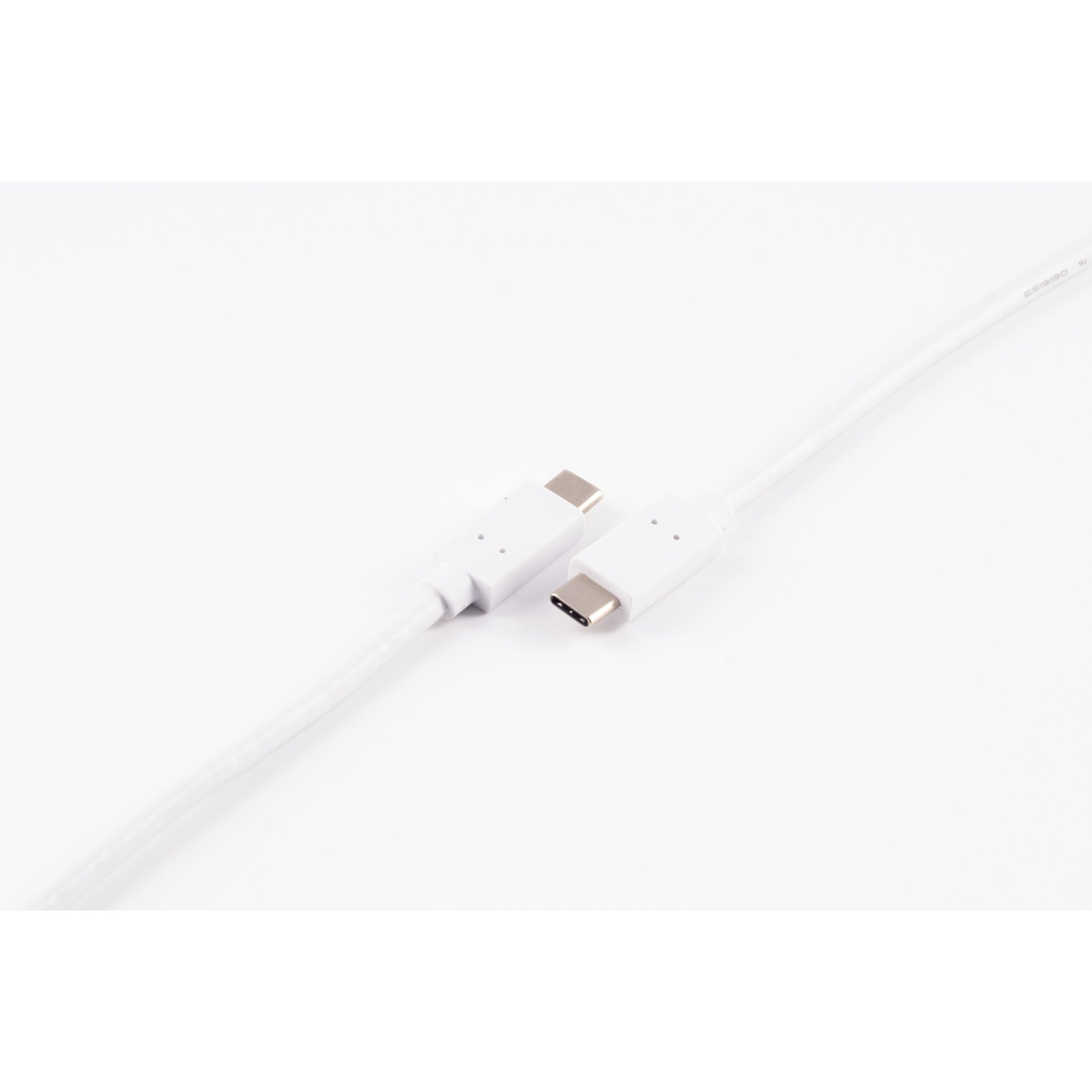 Cavo USB-C bianco con due connettori. I connettori sono bianchi con porte argentate.