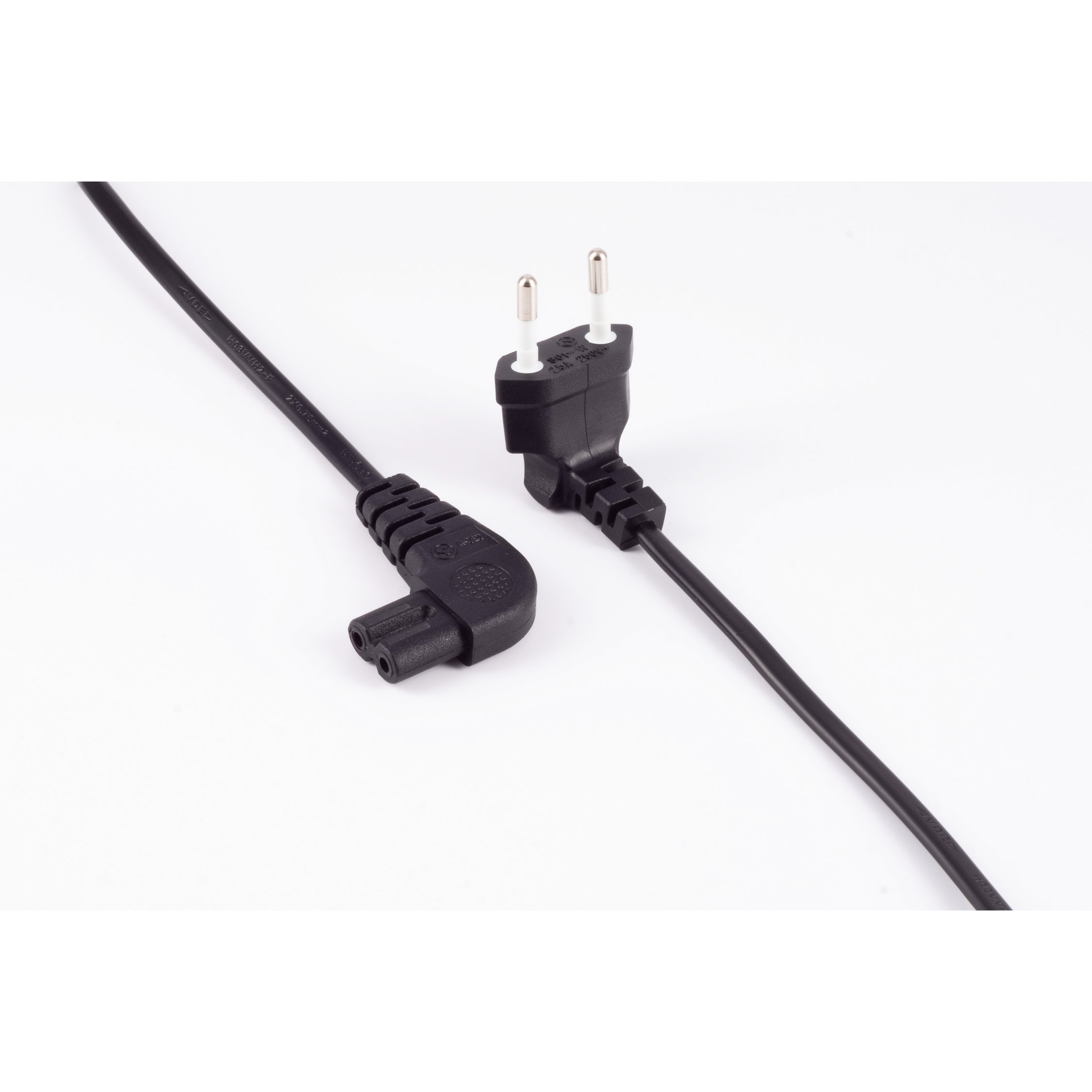 Schwarze Netzkabel, zwei Teile. Einer ist ein abgewinkelter Stecker, der andere ein gerader Anschluss.