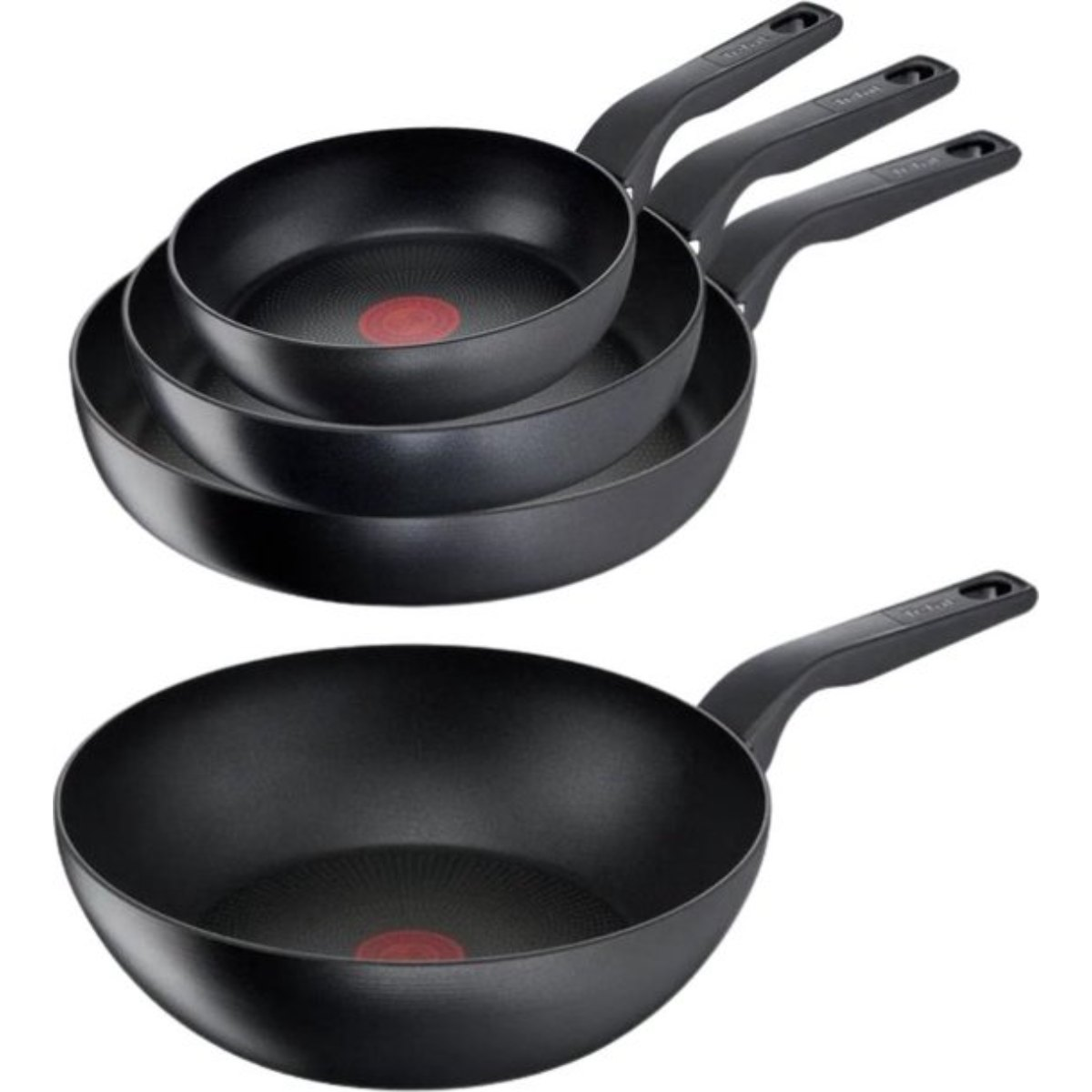 Set zwarte koekenpannen met zwarte handvatten. Eén is een wok.