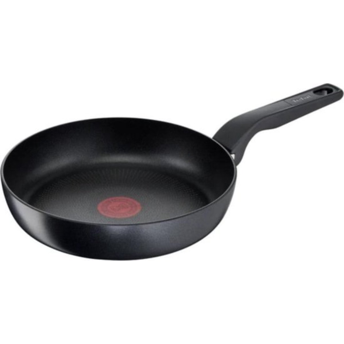 Black frying pan with a black handle and a red circle in the center.