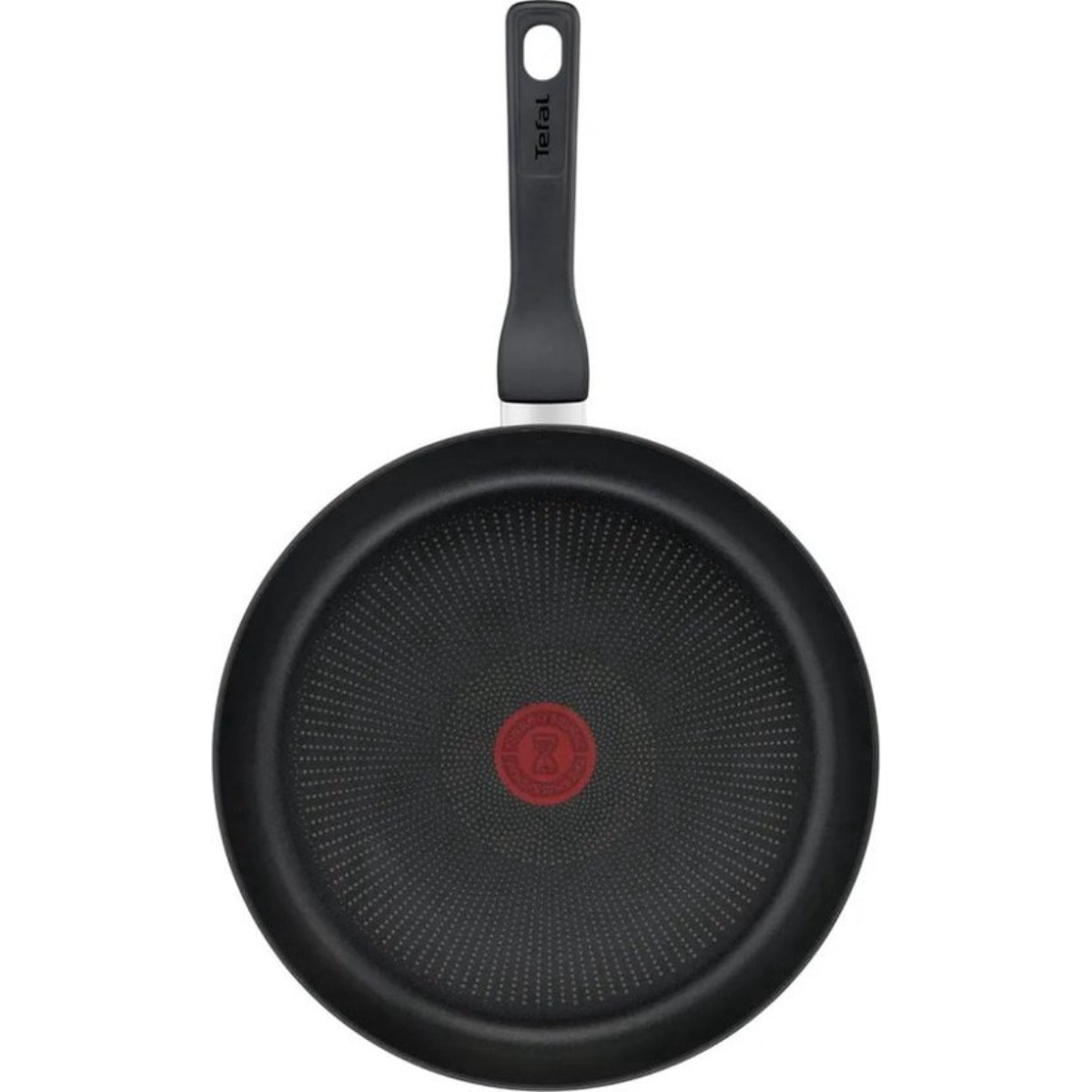 Black Tefal frying pan, top view, with red center circle, and a black handle.