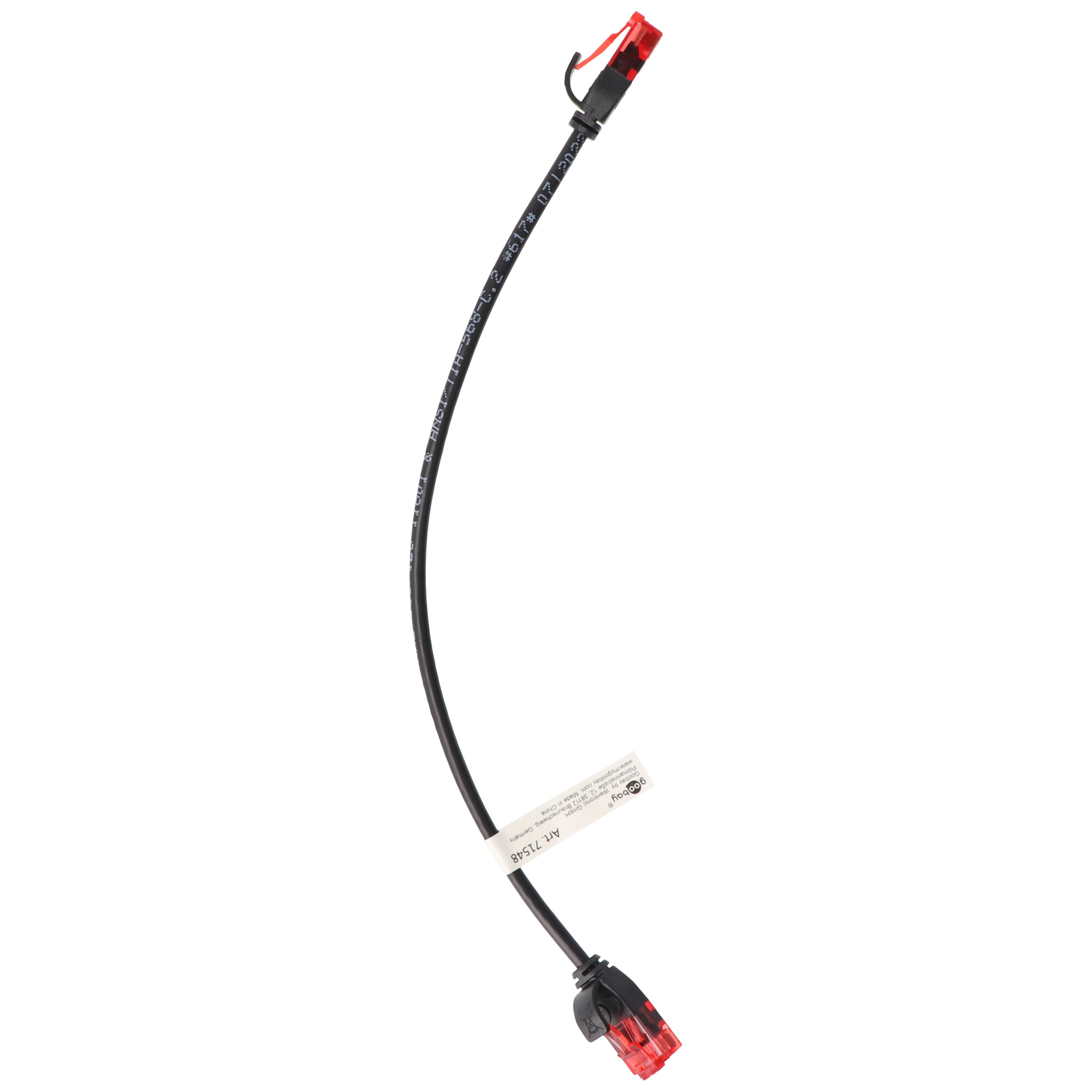 Cable de red azul con conectores rojos. El cable tiene una etiqueta con texto.