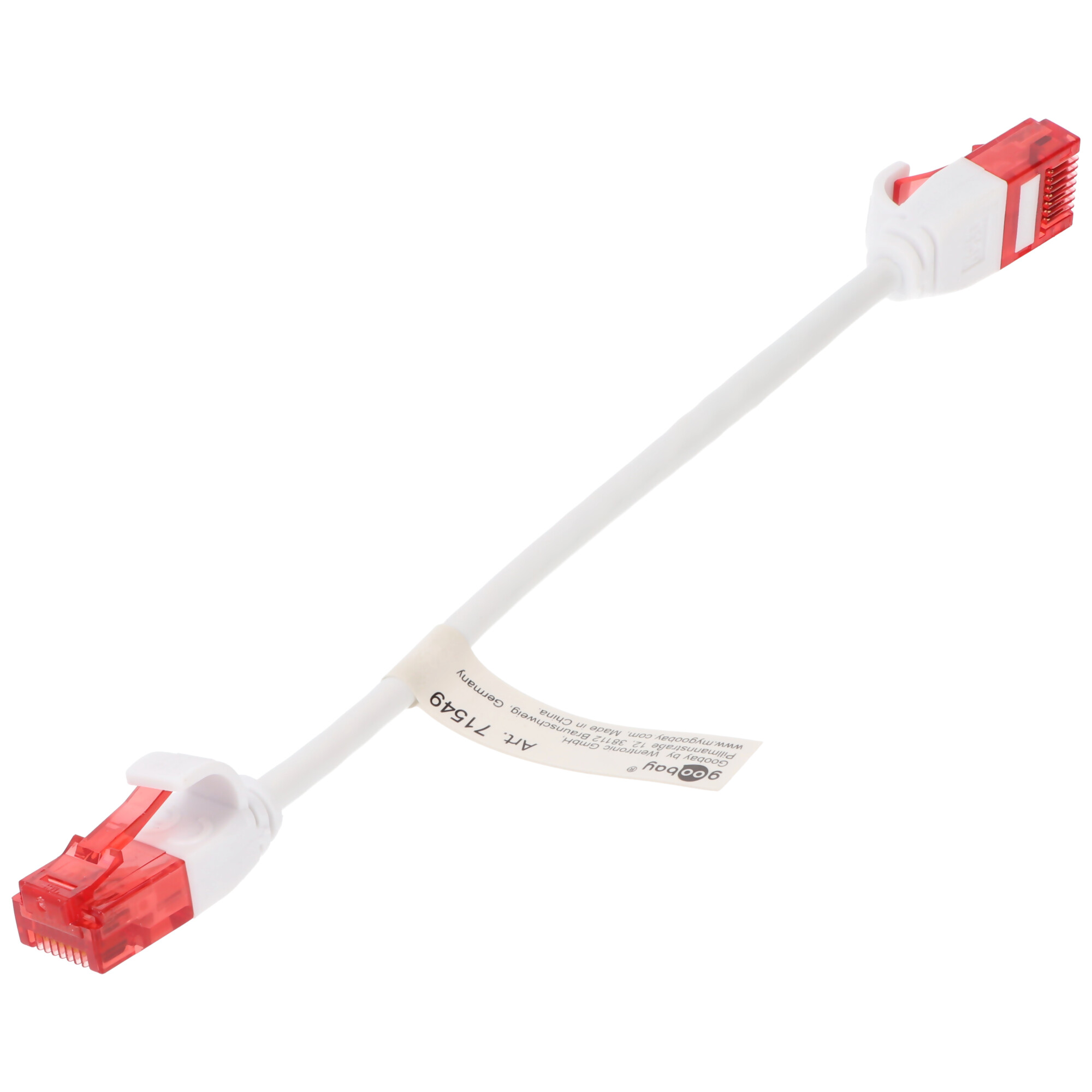 Cavo Ethernet bianco e rosso. Entrambe le estremità hanno connettori rossi.