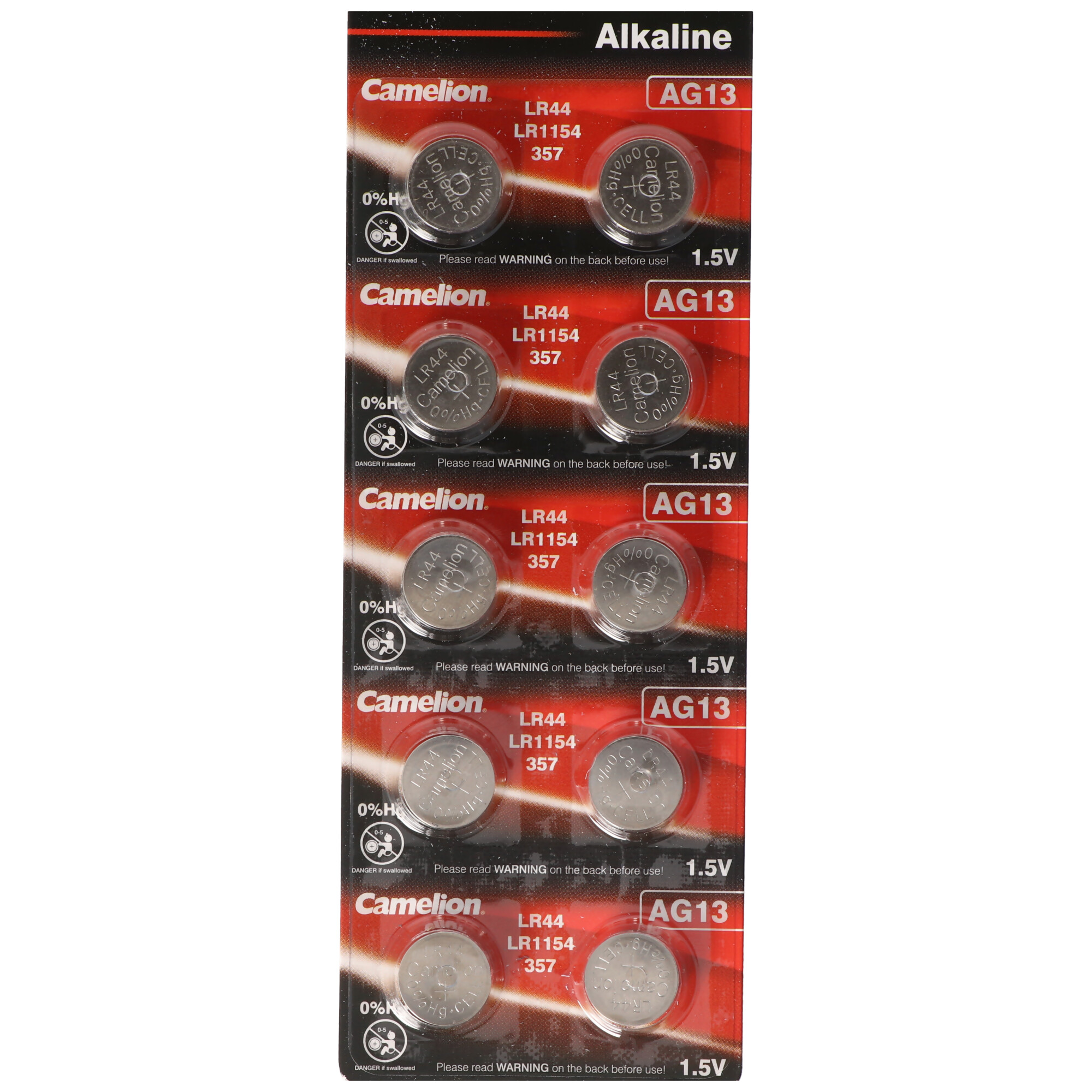 Een verpakking LR44 alkaline batterijen. Verschillende batterijen zijn zichtbaar.
