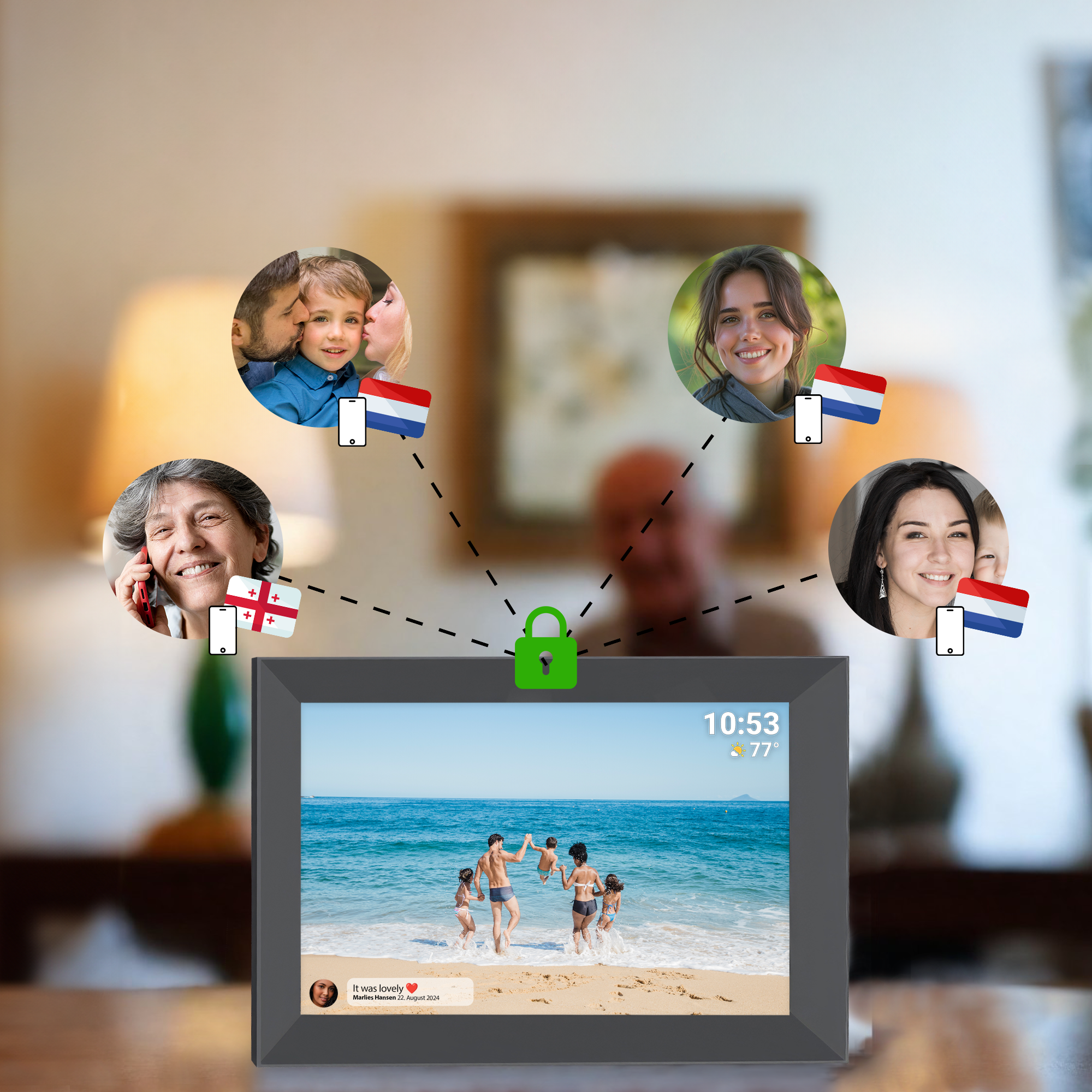 Cadre photo numérique affichant une scène de plage, entouré de photos de profil connectées avec drapeaux.