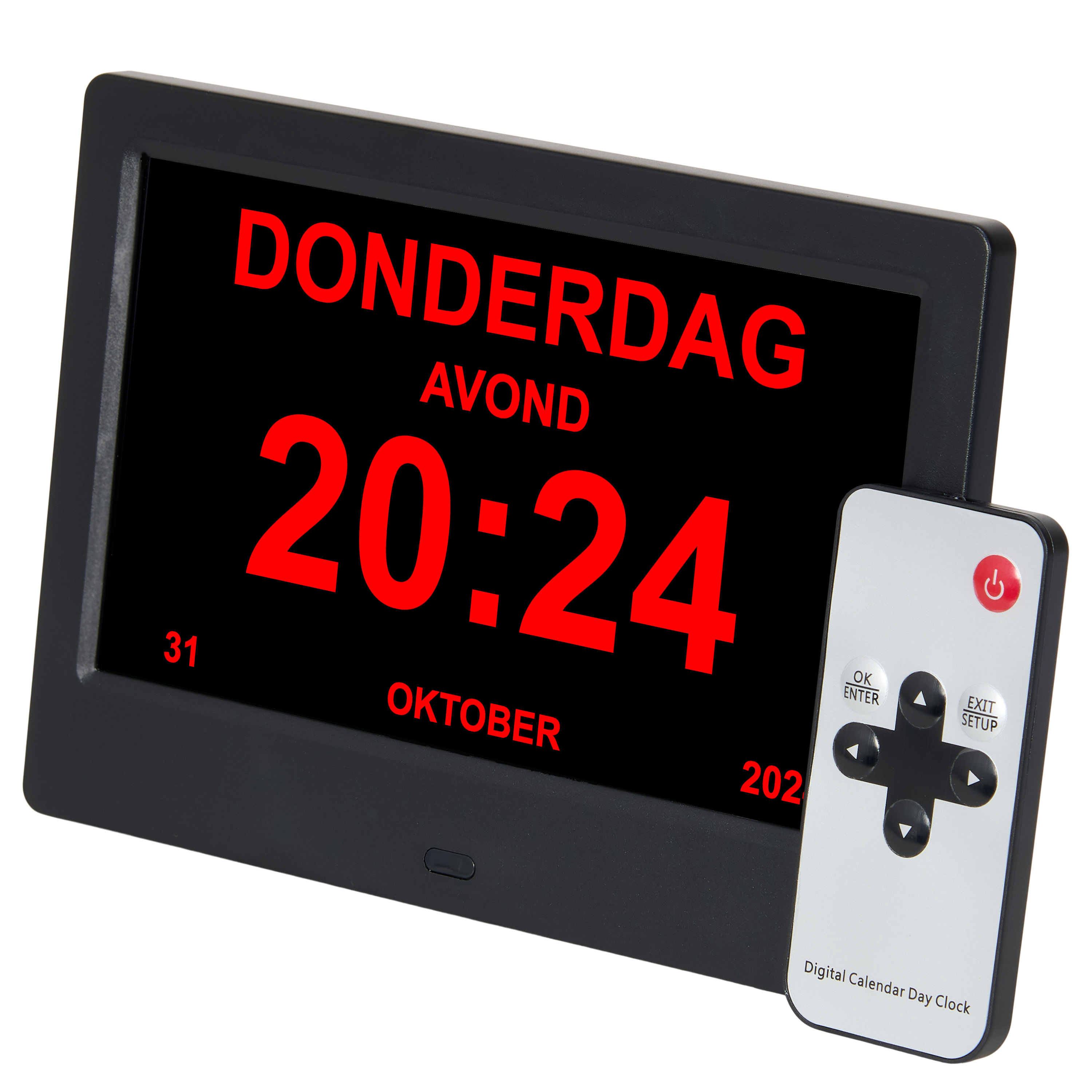 Zwarte digitale kalenderklok met rode tekst die datum en tijd weergeeft. Inclusief afstandsbediening.