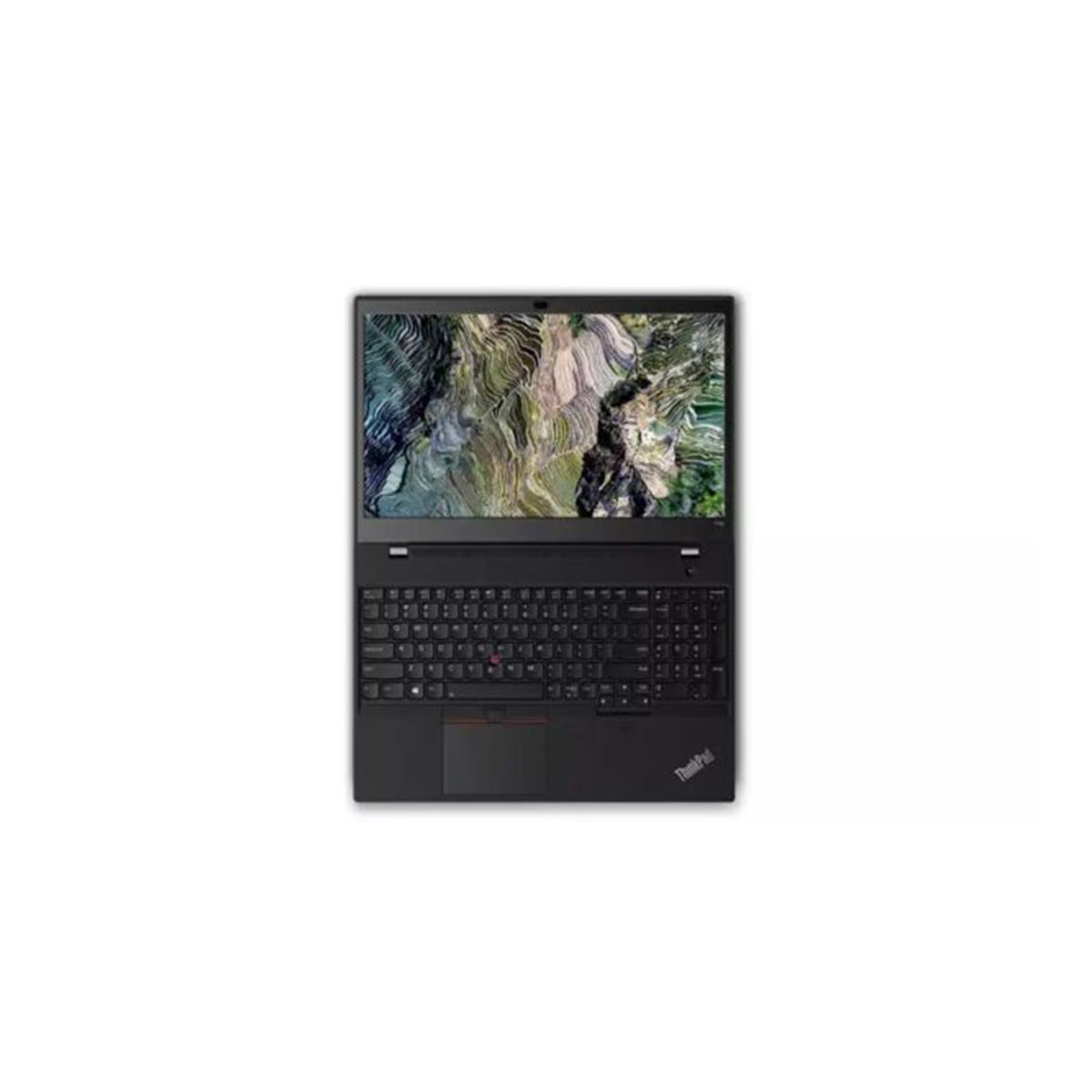 Schwarzer ThinkPad-Laptop auf weißem Hintergrund, Bildschirm mit grün-braunem, abstraktem Bild.