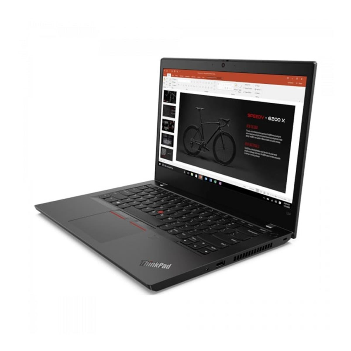 Schwarzer Laptop auf weißer Oberfläche, Präsentation anzeigend.