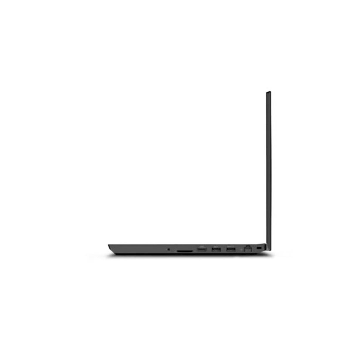 Seitenansicht eines schwarzen Laptops. Die Seite zeigt Anschlüsse und einen Steckplatz vor weißem Hintergrund.