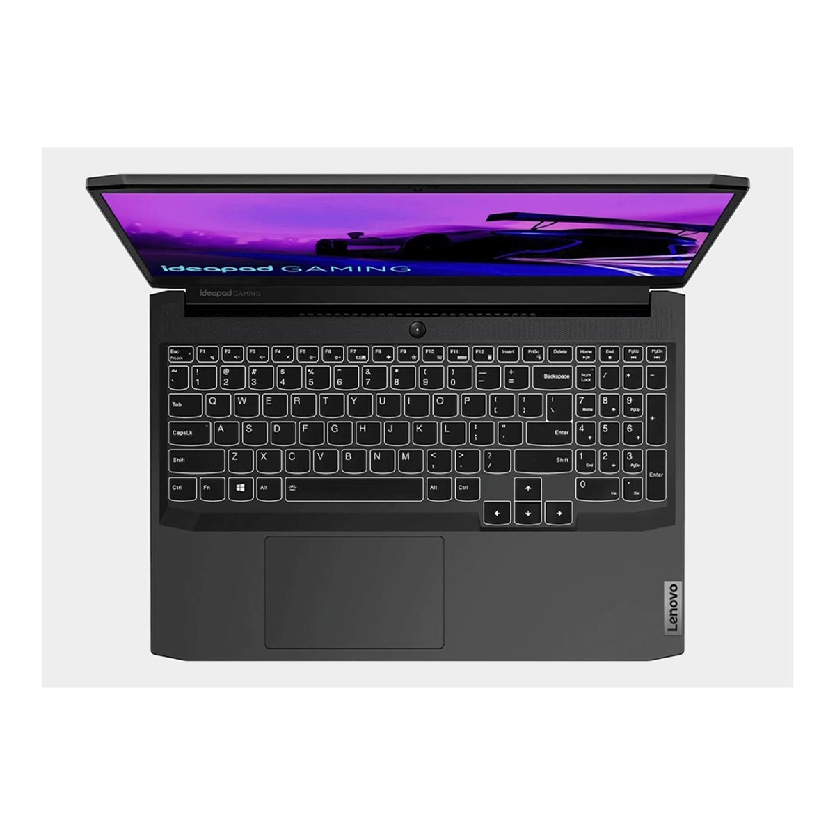Czarny laptop Lenovo IdeaPad gaming, otwarty, widoczna klawiatura. Ekran pokazuje fioletową grafikę.