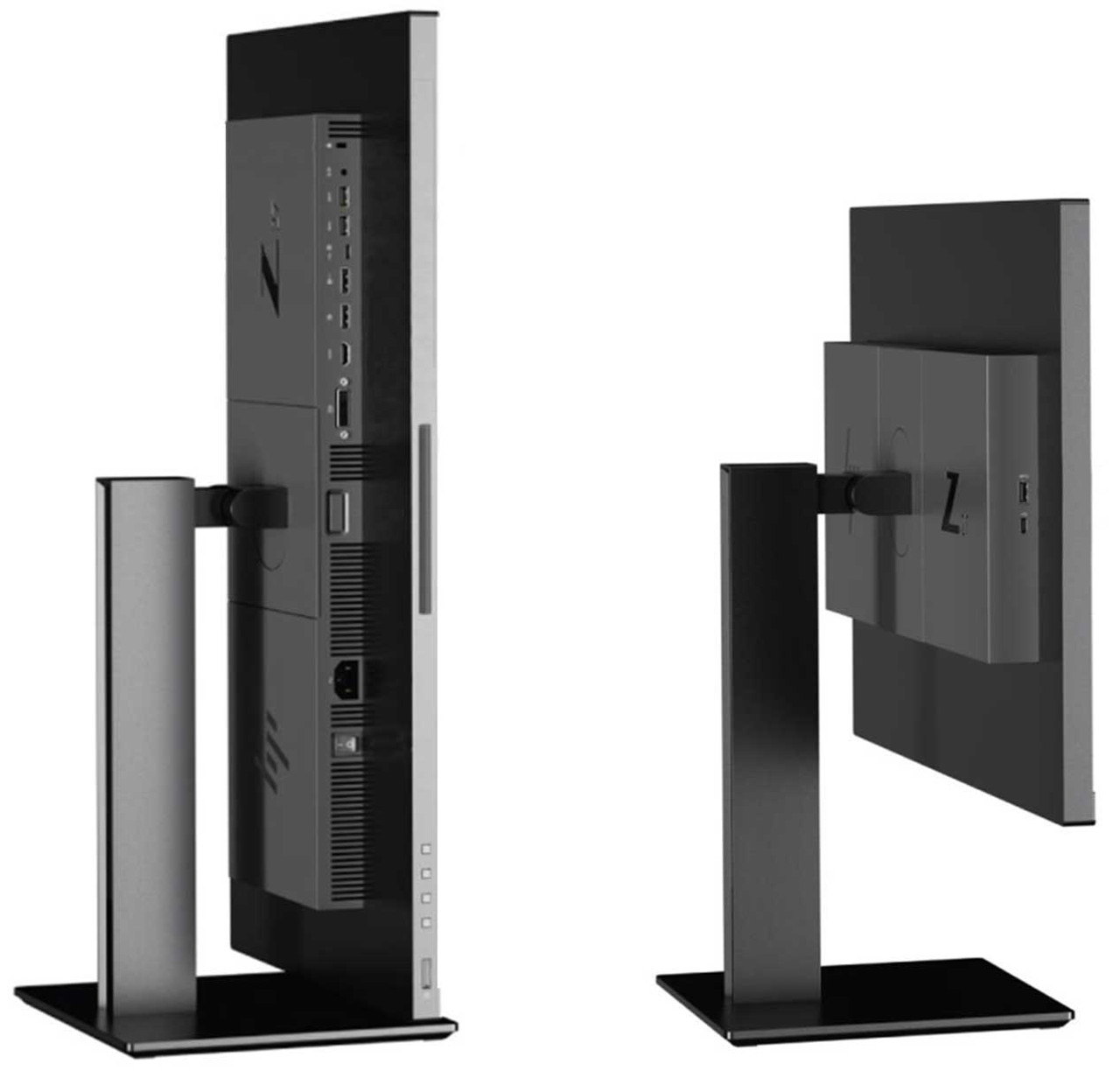 Computermonitor, zwei Ansichten, mit Ständer und angebrachten Computerkomponenten, weißer Hintergrund.