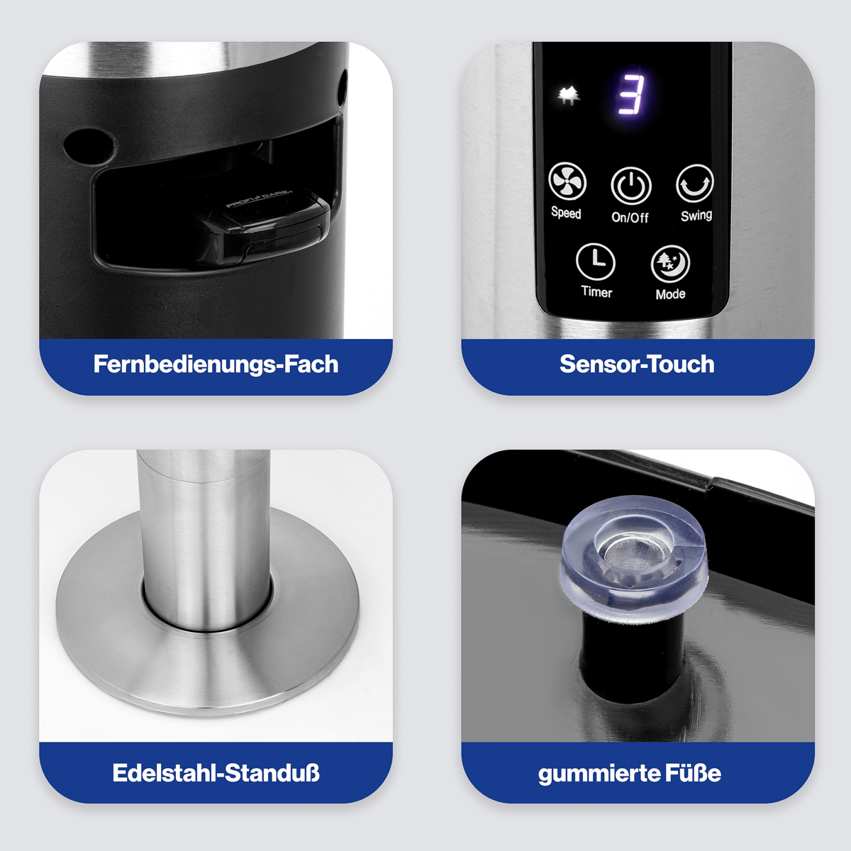 Zbliżenie czarno-srebrnego wentylatora z przyciskami i funkcjami oraz oznaczonymi częściami.