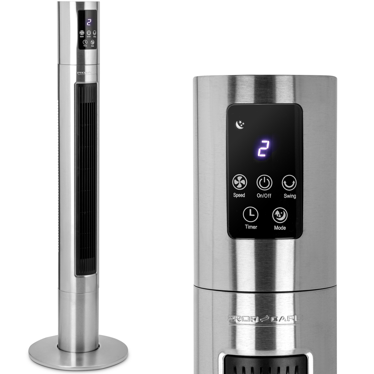 Srebrny wentylator wieżowy z cyfrowym wyświetlaczem ustawień, na białym tle.